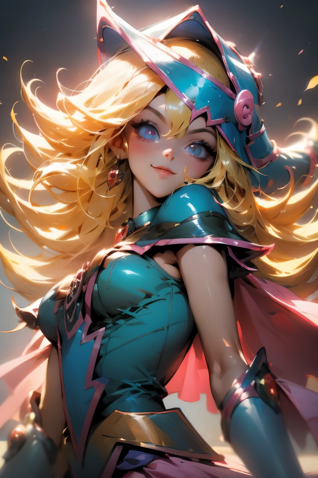 Hermoso rostro de dark magician gils, ojos azules. Labios rosados. Cabello rubio y largo. Ombros descubiertos, sonrisa angelical, hermoso rostro bien detallados de dark magician gils. Ropas transparentes. You can see her nipples through her clothes