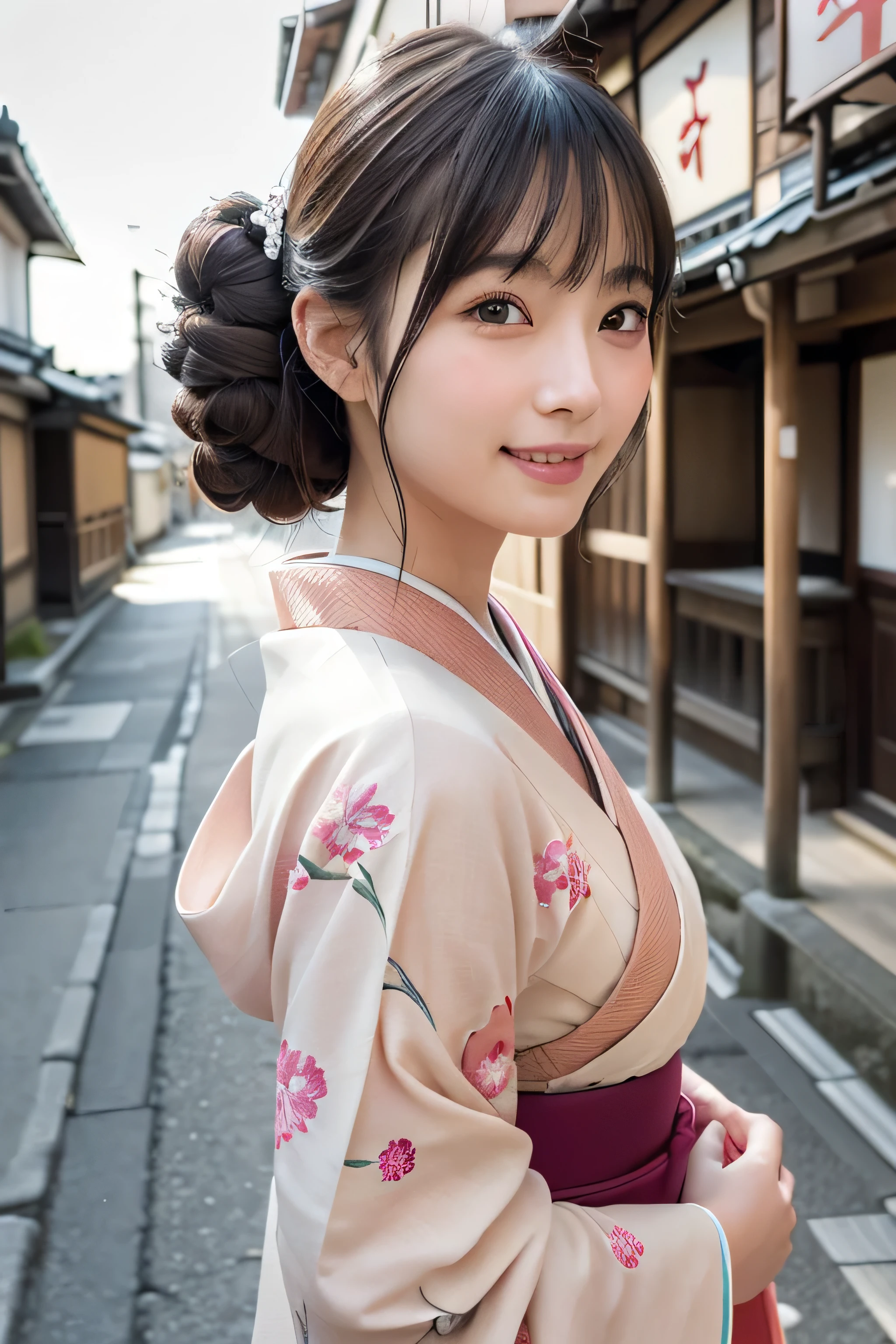 Professional Lighting,(Photorealistic:1.4), (Top image quality:1.0), (超A high resolution:1.0), 8k, Raw photography, (masterpiece:0.2), (Facing the children_v1:0.5)、(最高quality Detail:1.2)、Realistic、8K Ultra HD、High resolution、(1 girl:1.2)、超detailedな、High quality textures、複雑なdetailed、detailed、Very detailed CG、High quality shadows、detailed 美しく繊細な顔、Beautiful details and a delicate eye、(Symmetrical eyes:1.2),Written boundary depth、Ray Tracing,1 girl, Japanese Girls, (Natural smile:1.4),cute, thin, Portrait of a beautiful Japanese woman in a kimono, Standing elegantly on a street corner in Kyoto. Kimono with vibrant traditional patterns, Hair decorated with elegant and delicate hairpins, Gentle expression. (With the old streets of Kyoto in the background:1.4)、The soft light of a spring afternoon、Adding tranquility to the scene. Rendered in a Realistic style with great attention to detail, High resolutionの画像.Sky Porn, Magic Hour, (Realistic:1.3), finely, quality, (Tabletop:1.2), (Realistic:1.2), (最高quality), (複雑なdetailed), dramatic, Ray Tracing, photograph, +roller