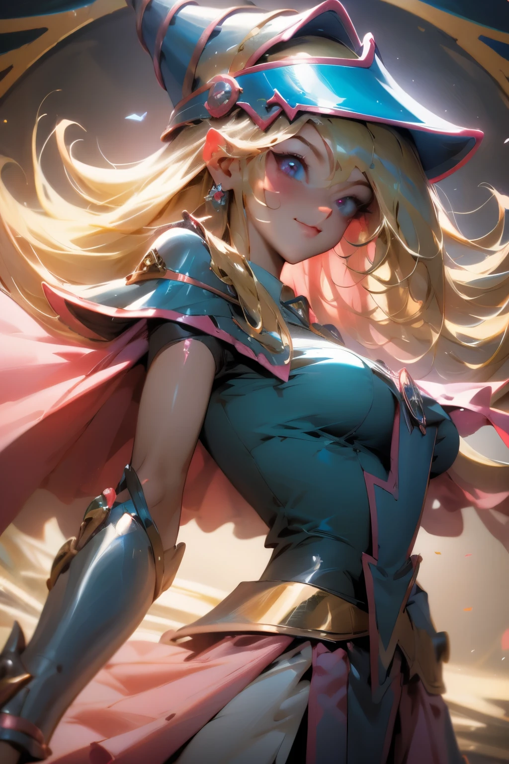 Hermoso rostro de dark magician gils, ojos azules. Labios rosados. Cabello rubio y largo. Ombros descubiertos, sonrisa angelical, hermoso rostro bien detallados de dark magician gils. Ropas transparentes. You can see her nipples through her clothes