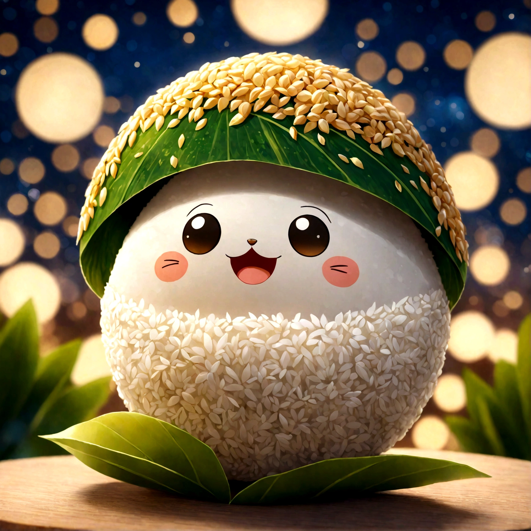 tao, chi, the painting is a vibrant and imaginative representation of a rice ball, which is artistically crafted to resemble a cute creature. the artistic style is whimsical and playful, with a focus on detail and texture. the theme revolves around nature and creativity, as the rice ball is nestled within a leaf, and the background features bokeh lights, suggesting a serene and dreamy ambiance. the composition is balanced, with the rice ball being the central focus, surrounded by the leaf and the bokeh lights, creating a harmonious and visually appealing composition.,highly detailed,RAW photo,best quality,high resolution,(masterpiece),(photorealistic),sharp focus,HDR,8K resolution,intricate detail,sophisticated detail,depth of field,extremely detailed,wallpaper,