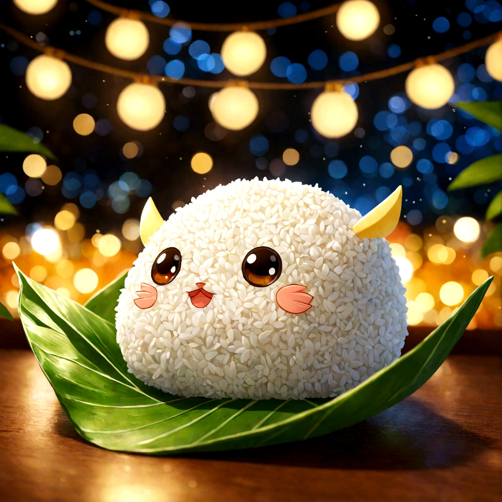 tao, chi, the painting is a vibrant and imaginative representation of a rice ball, which is artistically crafted to resemble a cute creature. the artistic style is whimsical and playful, with a focus on detail and texture. the theme revolves around nature and creativity, as the rice ball is nestled within a leaf, and the background features bokeh lights, suggesting a serene and dreamy ambiance. the composition is balanced, with the rice ball being the central focus, surrounded by the leaf and the bokeh lights, creating a harmonious and visually appealing composition.,highly detailed,RAW photo,best quality,high resolution,(masterpiece),(photorealistic),sharp focus,HDR,8K resolution,intricate detail,sophisticated detail,depth of field,extremely detailed,wallpaper,