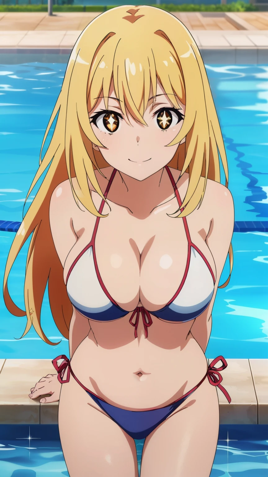 (highest quality, High resolution, 8k, masterpiece: 1.2), Very detailed, (Anime), Misaki Shokuhou, orange eyes, (pupils sparkling:1.2), Beautiful character design, Perfect eyes, Perfect face, Expressive eyes, Perfect balance, smile, blonde, Long Hair, large breast, (Swimsuit, pool:1.2),  looking at the camera,(cowboy shot), The gaze camera focuses on the center of the image,