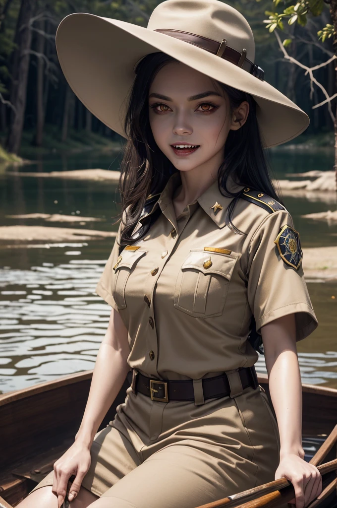 (((night))) ((moonlight)) ((a deserted lake)) Vampire woman, (((red eyes and fangs))), pale skin, (((park ranger uniform, park ranger hat, beige National Park uniform, short sleeves)))), (open mouth, blood on mouth), (evil grin), looking at viewer, sitting in a canoe, sopping wet, style of a painted book illustration, dramatic lighting, (depth of field), ((masterpiece)), ((best quality)), ((highly detailed)), horror theme