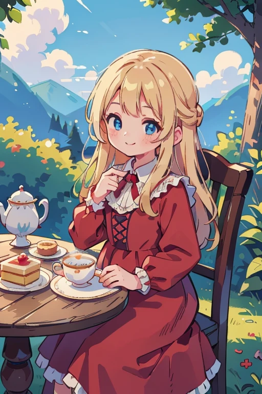 (8k, highest quality, Tabletop:1.2)、Ultra-high resolution, Detailed face, One 6-year-old girl, smile、blue eyes, blonde, Braiding, Long Hair, Red ribbon on head, Red dress, blue sky, in the forest, wood, table cloth, Set of cake and tea on the table, Sit on a chair、Victorian dress
