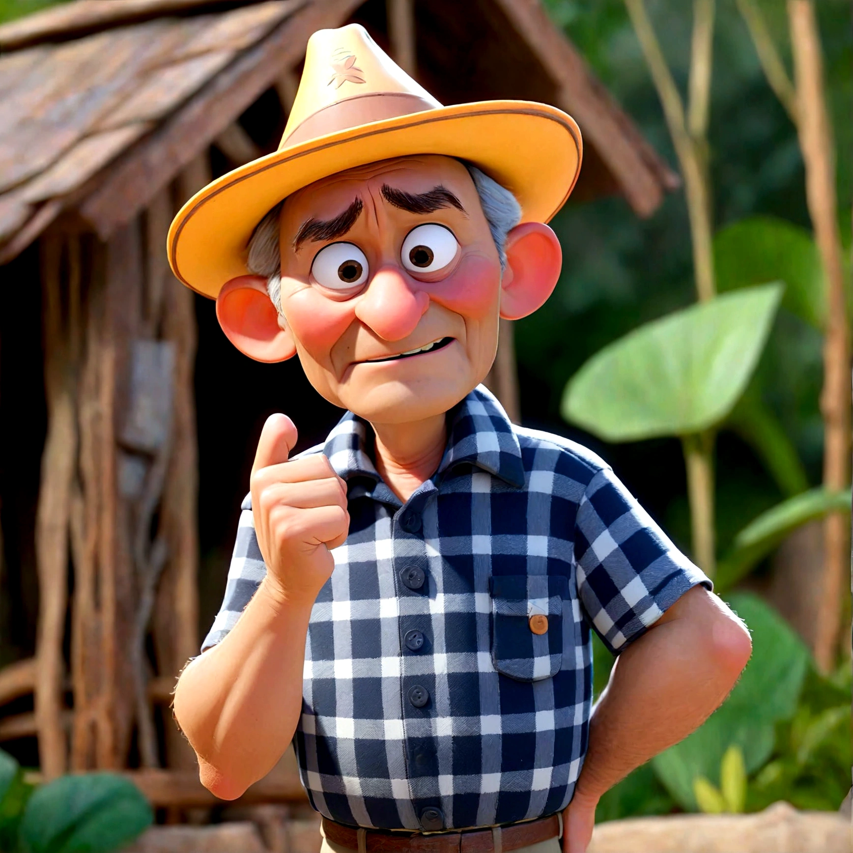 PCreate a Disney Pixar style 3D image of an elderly man inspired by the provided image. The character should have a grumpy yet endearing expression, wearing a checkered shirt and a straw hat. The style should be similar to the movie 'UP Altas Aventuras'. In this scene, the character is standing in a park, showing his full body. He should be surrounded by trees and flowers. The background should be bright and colorful, capturing the whimsical and joyful essence of Disney Pixar animations., Caractere estilizado, animation style rendering, 3D estilizado, Arnold Maya rendering, Stylized 3D rendering, toon render screenshot, Personagem 3D, Personagem 3D, Stylized 3D rendering, 3D character rendering, personagem de desenho animado, Personagem de close up, Pose de personagem, (Estilo Pixar) (parte mestre:1.2) (Bokeh) (melhor qualidade) (pele detalhada) (textura detalhada) (8K) (argila) (cinematic lighting) (sharp focus,Senta e vaza a parte superior do corpo