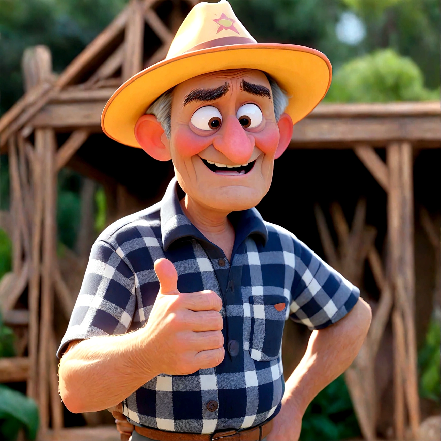 PCreate a Disney Pixar style 3D image of an elderly man inspired by the provided image. The character should have a grumpy yet endearing expression, wearing a checkered shirt and a straw hat. The style should be similar to the movie 'UP Altas Aventuras'. In this scene, the character is standing in a park, showing his full body. He should be surrounded by trees and flowers. The background should be bright and colorful, capturing the whimsical and joyful essence of Disney Pixar animations., Caractere estilizado, animation style rendering, 3D estilizado, Arnold Maya rendering, Stylized 3D rendering, toon render screenshot, Personagem 3D, Personagem 3D, Stylized 3D rendering, 3D character rendering, personagem de desenho animado, Personagem de close up, Pose de personagem, (Estilo Pixar) (parte mestre:1.2) (Bokeh) (melhor qualidade) (pele detalhada) (textura detalhada) (8K) (argila) (cinematic lighting) (sharp focus,Senta e vaza a parte superior do corpo