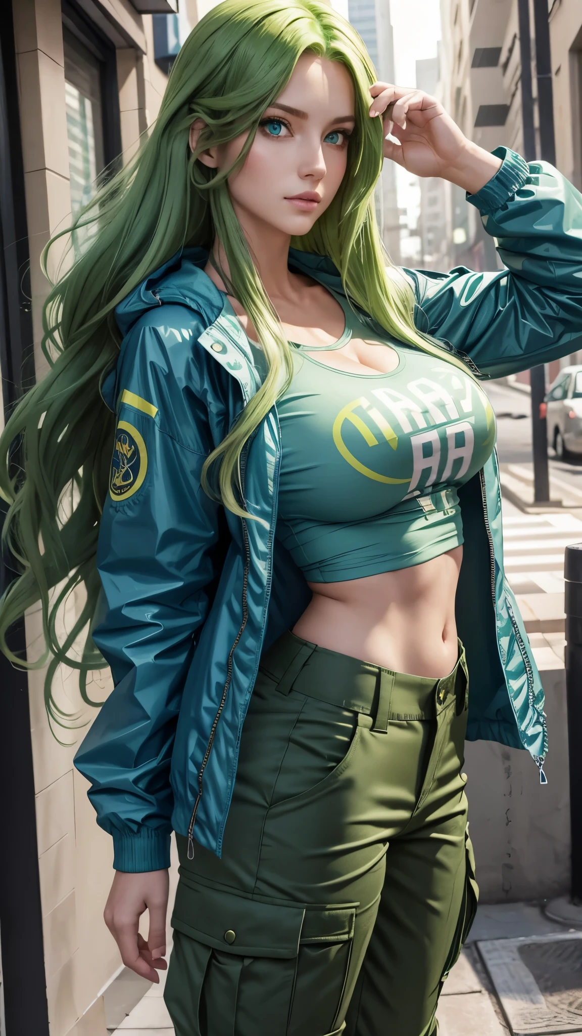 Tall stature, long, wavy green hair. Bright and expressive light blue eyes. She was wearing cargo pants, a printed t-shirt and a waterproof jacket, big ass, big hip. Busty