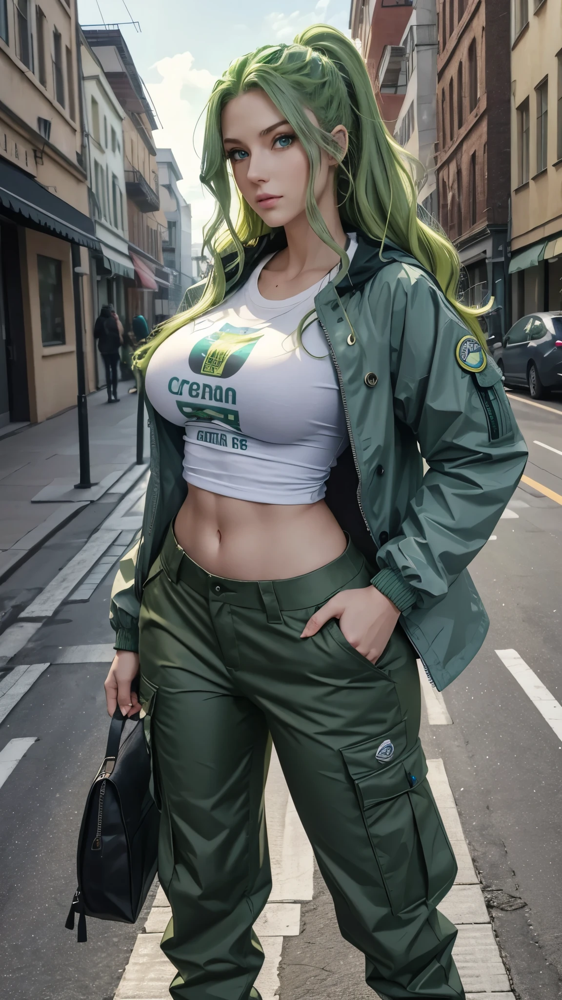 Tall stature, long, wavy green hair.  Bright and expressive light blue eyes.  Slim and athletic silhouette.  She was wearing cargo pants, a printed t-shirt and a waterproof jacket, big ass, big hip. Busty