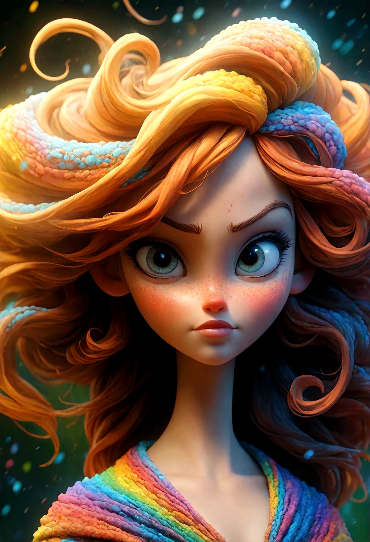 Capture the spirit of wind with liquid ink unfreezing into a whirlwind of pointilism, traversing a spectrum of multiple random colors, 4k concept art, extreme detail, intricate, luminescent glowing canvas, motion, dynamic, sharp glossy focus, create a perfect female face with intricate detail, ornate, best quality, masterpiece