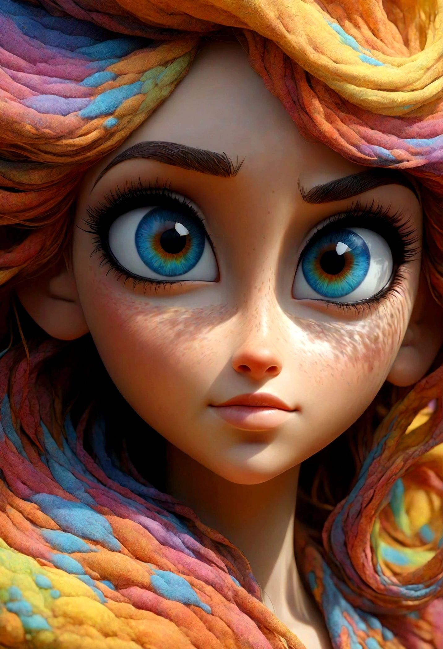 Capture the spirit of wind with liquid ink unfreezing into a whirlwind of pointilism, traversing a spectrum of multiple random colors, 4k concept art, extreme detail, intricate, luminescent glowing canvas, motion, dynamic, sharp glossy focus, create a perfect female face with intricate detail, ornate, best quality, masterpiece