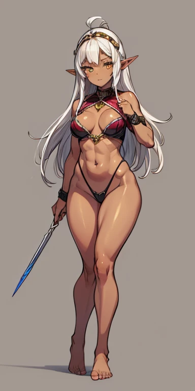 (Masterpiece, plain background:1.2) Female full body, standing straight symmetrical feet together, blood dark elf, dark skin, long messy white hair, 2longs elf ars, circlet, yellow eyes, 1990s (style), female 1sologirl