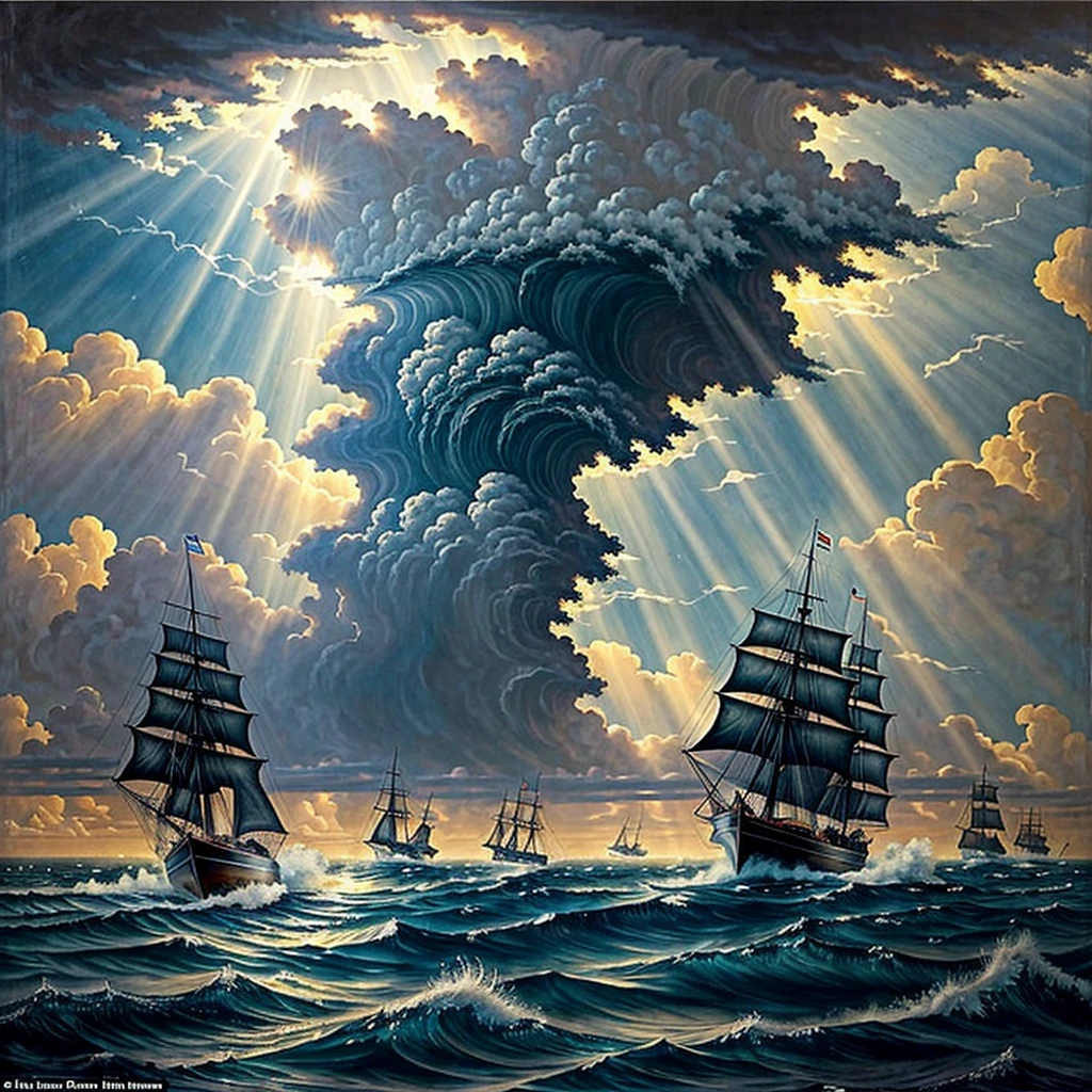 Certamente! A 19th century painting depicting the Bermuda Triangle with a whirlpool swallowing several vessels would add an additional layer of drama and danger to the scene..
The composition could feature an imposing swirl in the center of the screen, with its dark, turbulent waters swirling furiously. Em torno do redemoinho, Several 19th century vessels could be shown at different stages of being drawn into the mortal coil.
Vessels could vary in size and style, including sailing ships, fragatas e barcos de pesca, each fighting the forces of the maelstrom in a last desperate effort to escape. The wind could blow out the sails and the choppy waves could crash against the boats' hulls., creating a feeling of chaos and despair.
The sky could be painted with gloomy tones and stormy clouds, reflecting the imminent danger and uncertainty that permeates the Bermuda Triangle. Sunbeams dotting through the clouds could illuminate the scene, highlighting the tragedy unfolding below.
Meticulous details could be given to vessels, showing their unique characteristics and the anguish of their crews as they face their fate in the ravenous maelstrom. The viewer would be immersed in an atmosphere of tension and admiration at the relentless force of nature..