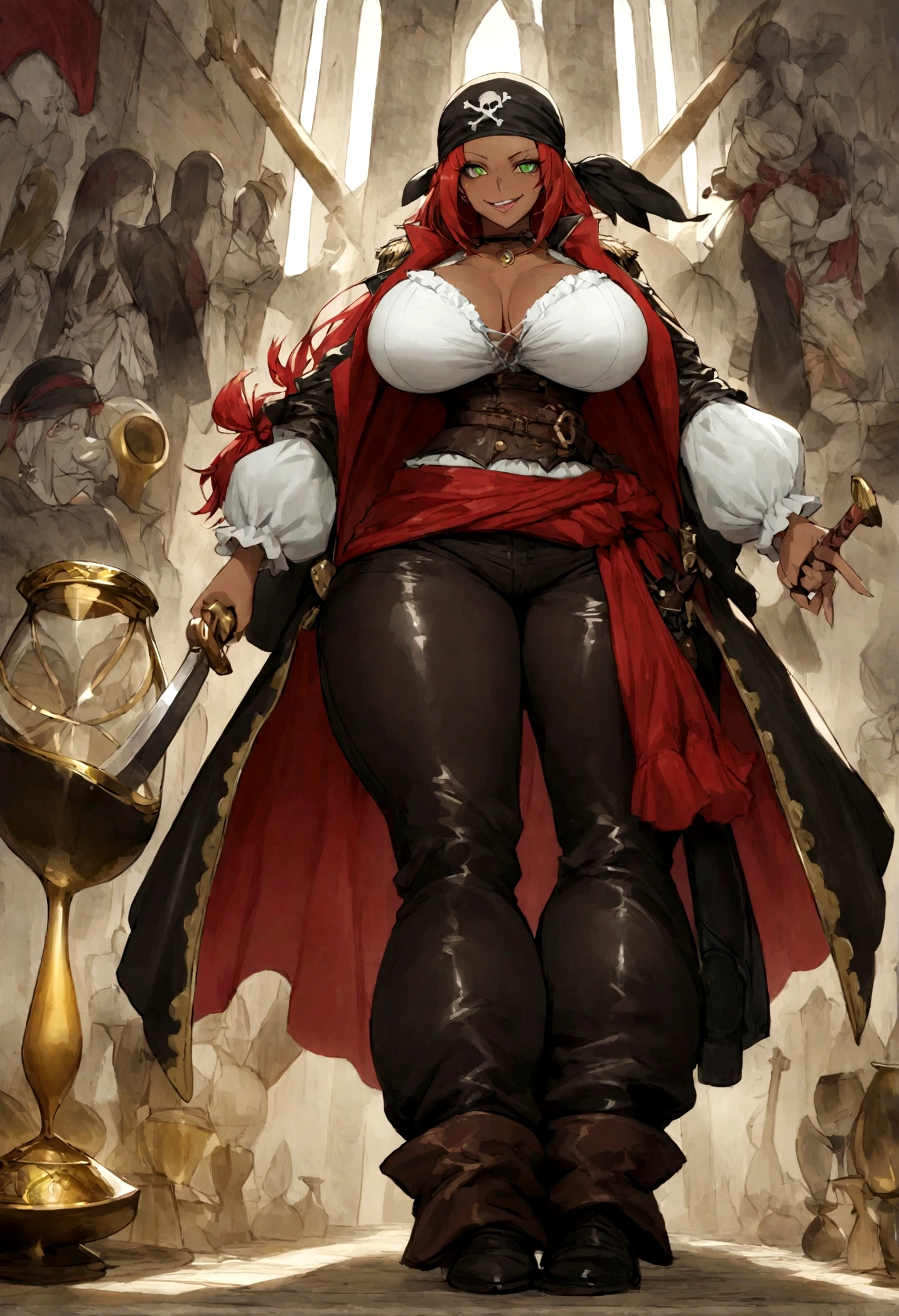 ((full body):2) (({only 1/27 year old goth milf}):1.3):{((black leather official uniform of the German army, wearing a pink leather military hat)):1.3), ((large bust):1.4), Tall woman, ((red hair bob, yellow eyes):1.3), ((sadistic smile):1.5), ((standing)), ((Best quality): 1.4) , masterpiece, heavy makeup, horizontal seat, looking at the camera, contracted pupils, large breasts (marked nipples: 0.8), ((SFW)), hands on the waist, dynamic angle