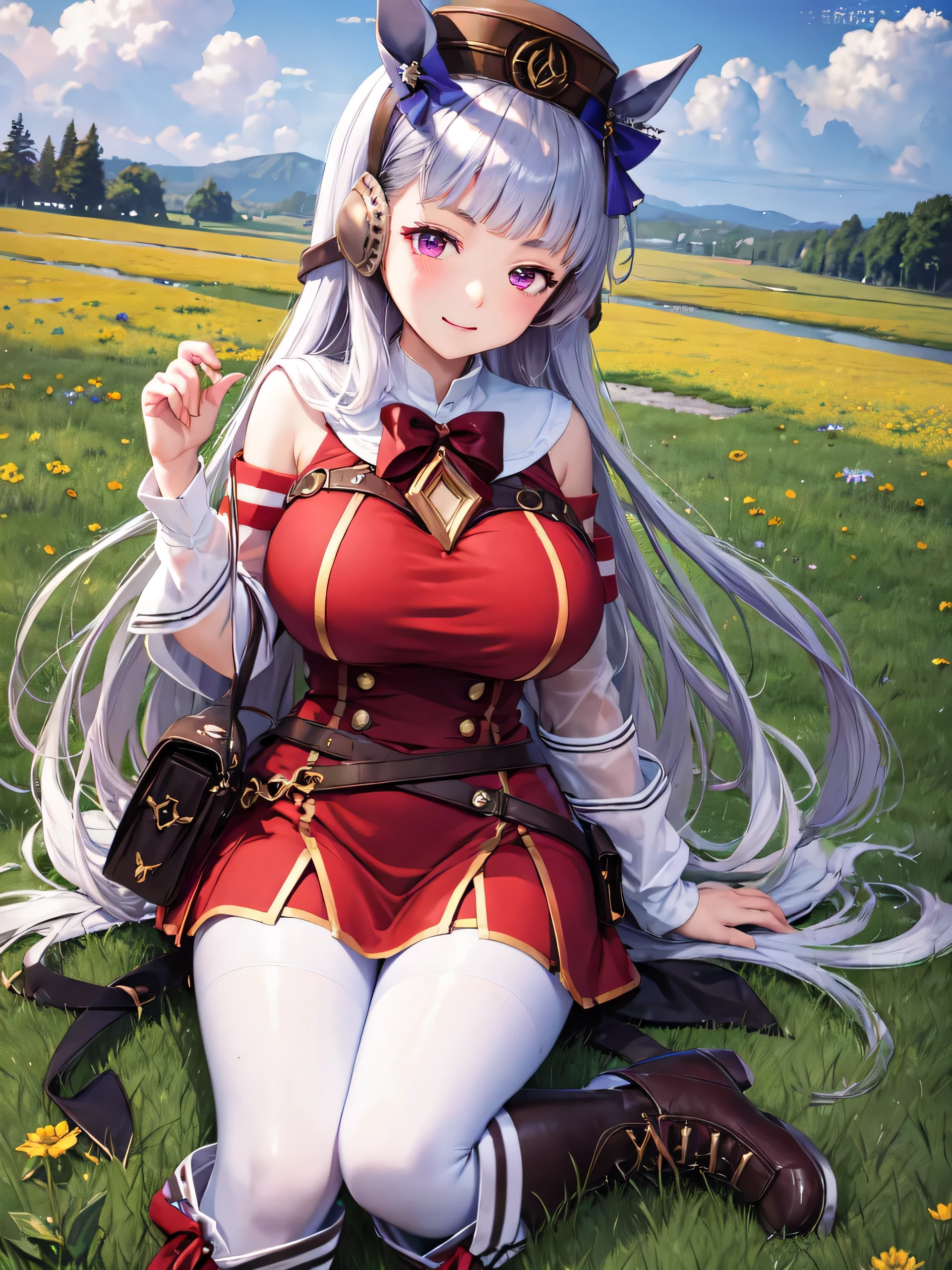 Dark color depiction、(masterpiece, highest quality:1.2), alone, One girl, umpd gold ship, pillbox hat, Red dress,No sleeve, White Pantyhose, boots, Horse tail, blush、grassland、(Huge breasts:1.4)、、ergarteners、、6 yeariece、smile