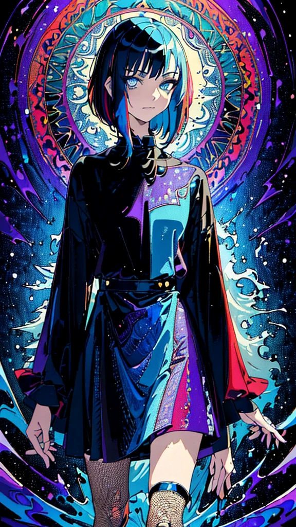 (Masterpiece, Top quality, Best quality, Beautiful and aesthetic:1.2), (1girll:1.3),( Flat color:1.3), high resolution, Extremely detailed, Original, Colorful, colored splashing, water, spatter, Atmospheric perspective, short blue hair, white braid, icy blue white eyes, goth witch clothing, fishnets, purple magics, arrogant, smirking
