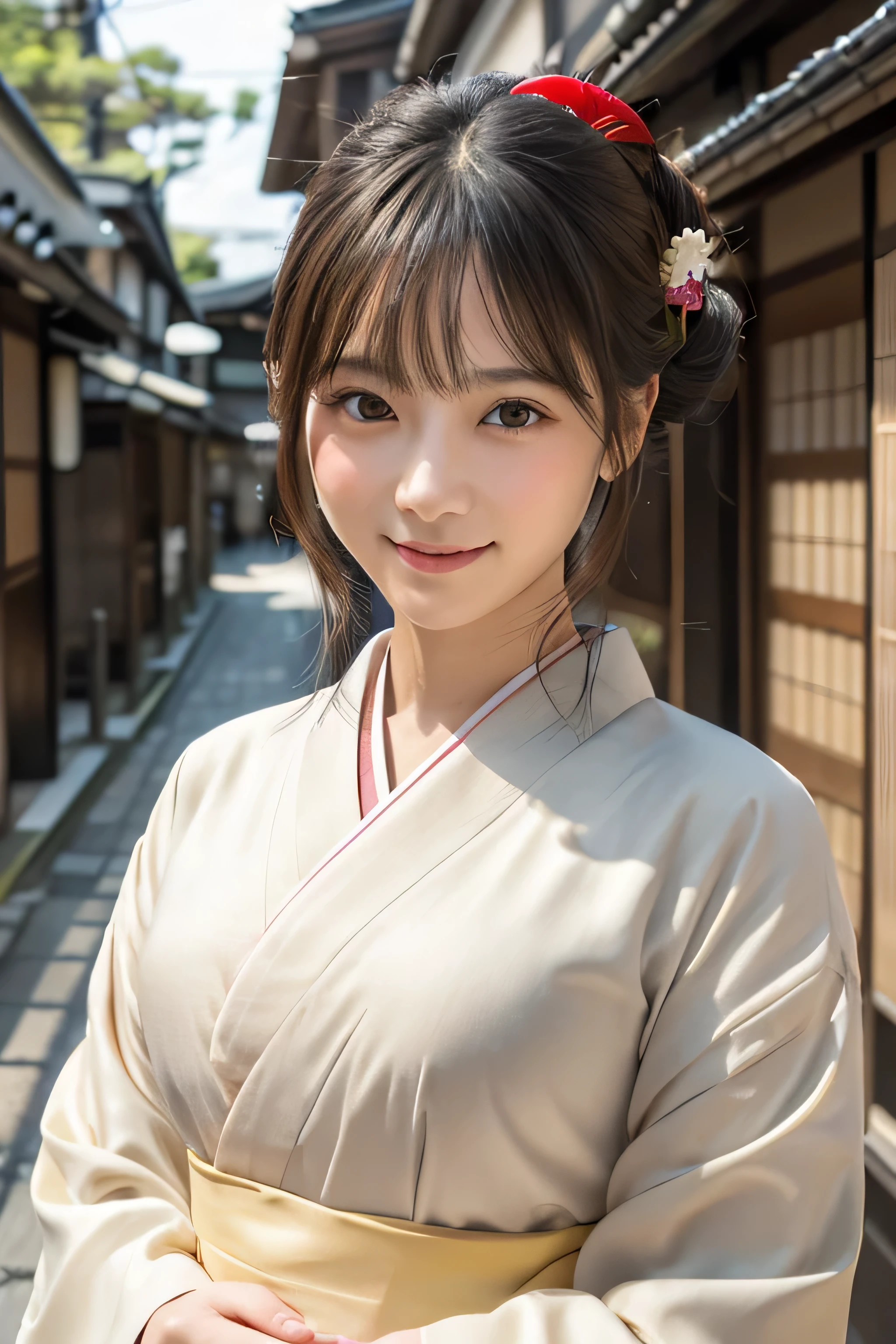 Professional Lighting,(Photorealistic:1.4), (Top image quality:1.0), (超A high resolution:1.0), 8k, Raw photography, (masterpiece:0.2), (Facing the children_v1:0.5)、(highest quality Detail:1.2)、Realistic、8K Ultra HD、High resolution、(1 girl:1.2)、Super detailed、High quality textures、Complex details、detailed、Very detailed CG、High quality shadows、detailed Beautiful and delicate face、Beautiful details and a delicate eye、(Symmetrical eyes:1.2),Written boundary depth、Ray Tracing,1 girl, Japanese Girls, (Natural smile:1.4),cute, thin, Portrait of a beautiful Japanese woman in a kimono, Standing elegantly on a street corner in Kyoto. Kimono with vibrant traditional patterns, Hair decorated with elegant and delicate hairpins, Gentle expression. (With the old streets of Kyoto in the background:1.4)、The soft light of a spring afternoon、Adding tranquility to the scene. Rendered in a Realistic style with great attention to detail, High resolution images.Sky Porn, Magic Hour, (Realistic:1.3), finely, quality, (Tabletop:1.2), (Realistic:1.2), (highest quality), (Complex details), dramatic, Ray Tracing, photograph, +roller