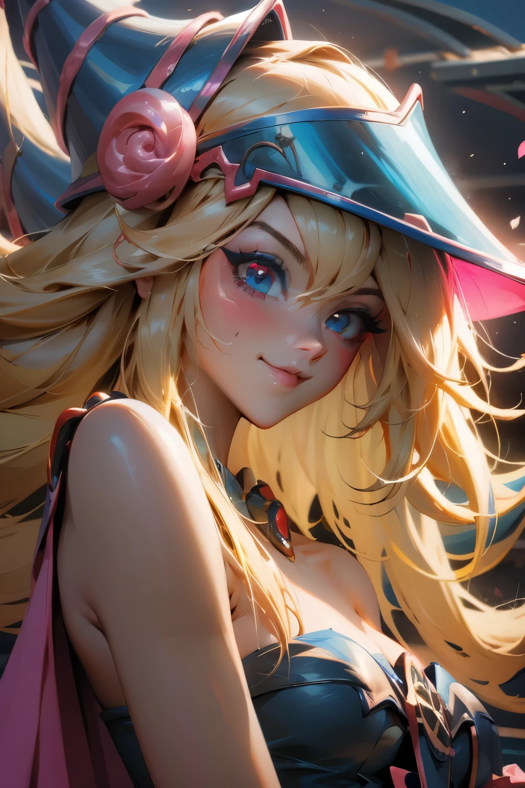 Hermoso rostro de dark magician gils, ojos azules. Labios rosados. Cabello rubio y largo. Ombros descubiertos, sonrisa angelical, hermoso rostro bien detallados de dark magician gils. Nude. Hot. Sexy. Nude