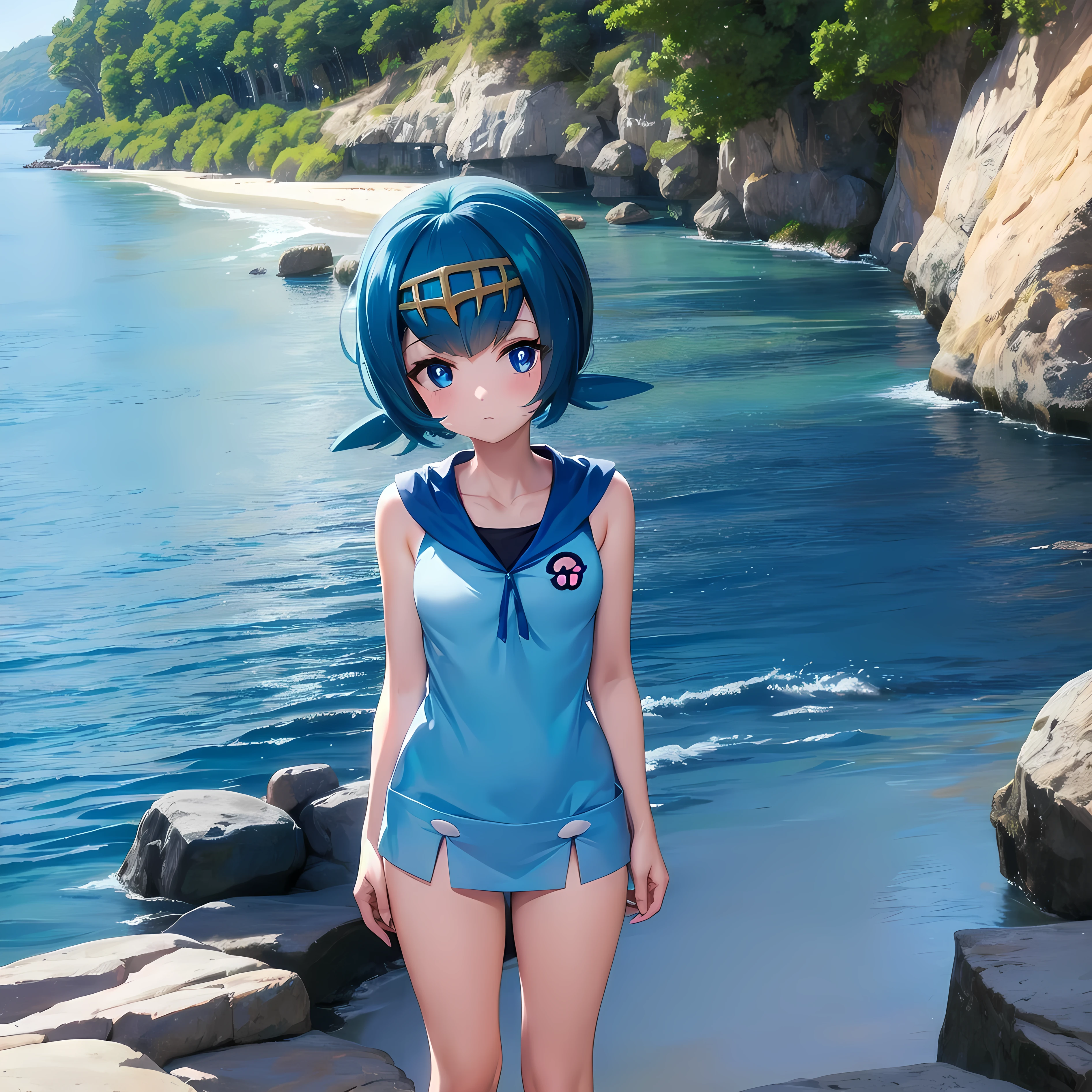 masterpiece, best quality, detailed, pov, 1girl, pokemonlana, blue eyes, blue hair, pokemon, smug, standing, at a pool, beach, ocean background, dusk,