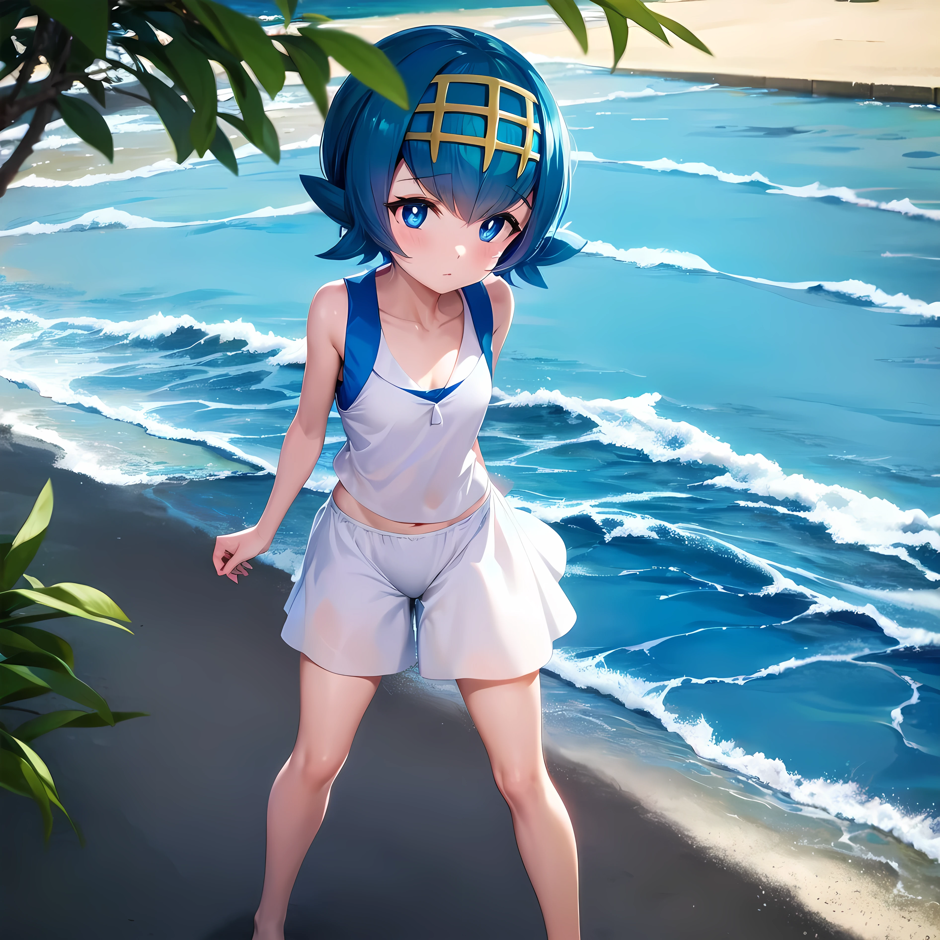 masterpiece, best quality, detailed, pov, 1girl, pokemonlana, blue eyes, blue hair, pokemon, smug, standing, at a pool, beach, ocean background, dusk,