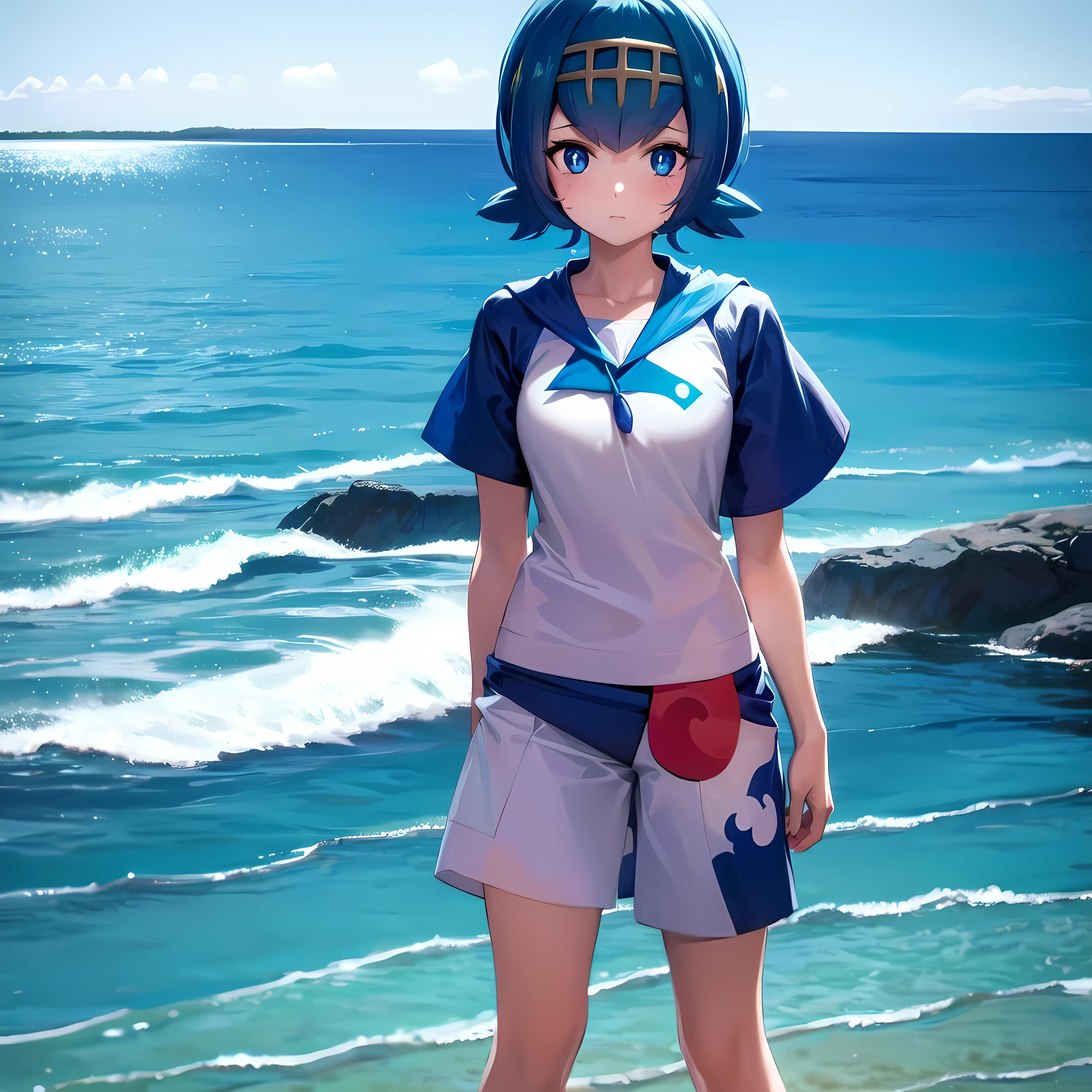 masterpiece, best quality, detailed, pov, 1girl, pokemonlana, blue eyes, blue hair, pokemon, smug, standing, at a pool, beach, ocean background, dusk,