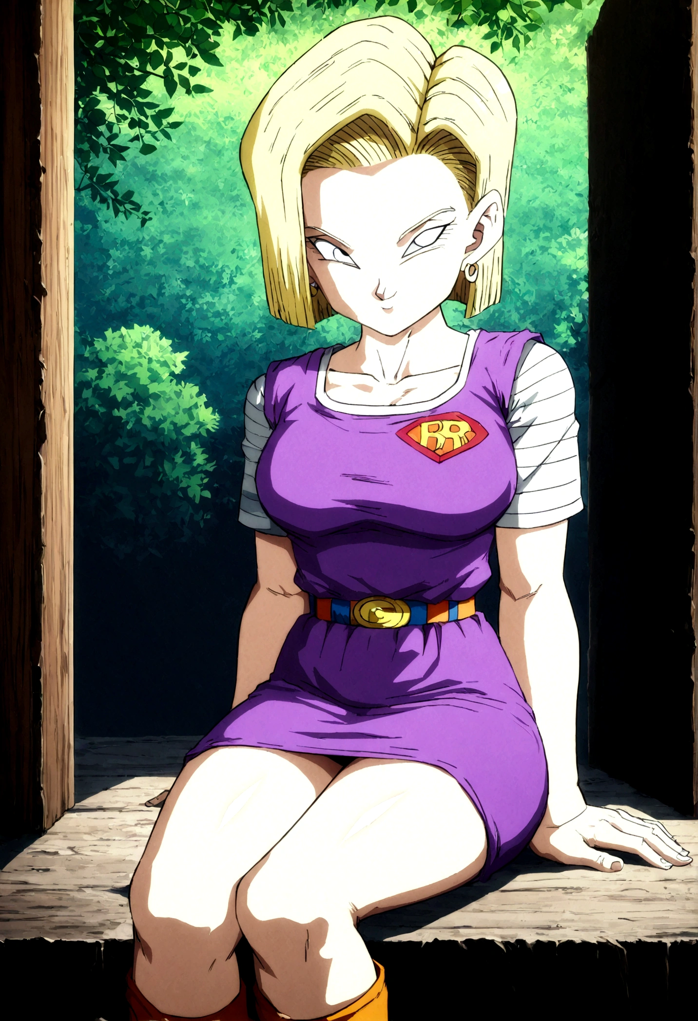 1girl, android18 from "Dragon Ball", Sitting in the backyard, on a sunny day, her smile was gentle and full of love, sysdeep_android18, (masterpiece, best quality, Professional, perfect composition, very aesthetic, absurdres, ultra-detailed, intricate details:1.3)