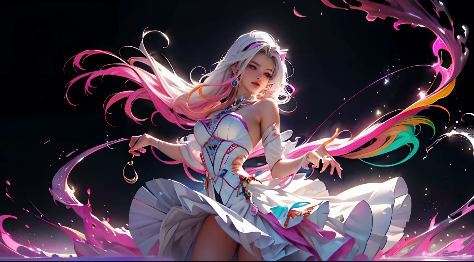 8k, RAW photo, realistic, photo-realistic, hyper-realistic, highest quality, best quality, masterpiece, highly detailed, absurdres,
masterpiece, best quality, (extremely detailed CG unity 8k wallpaper, masterpiece, best quality, ultra-detailed, best shadow), (detailed background), (beautiful detailed face, beautiful detailed eyes), High contrast, (best illumination), 1girl, Australian, multicoloured hair, beautiful, ((colourful paint splashes on transparent background, dulux)), ((caustic)), dynamic angle,beautiful detailed glow,full body, cowboy shot,
