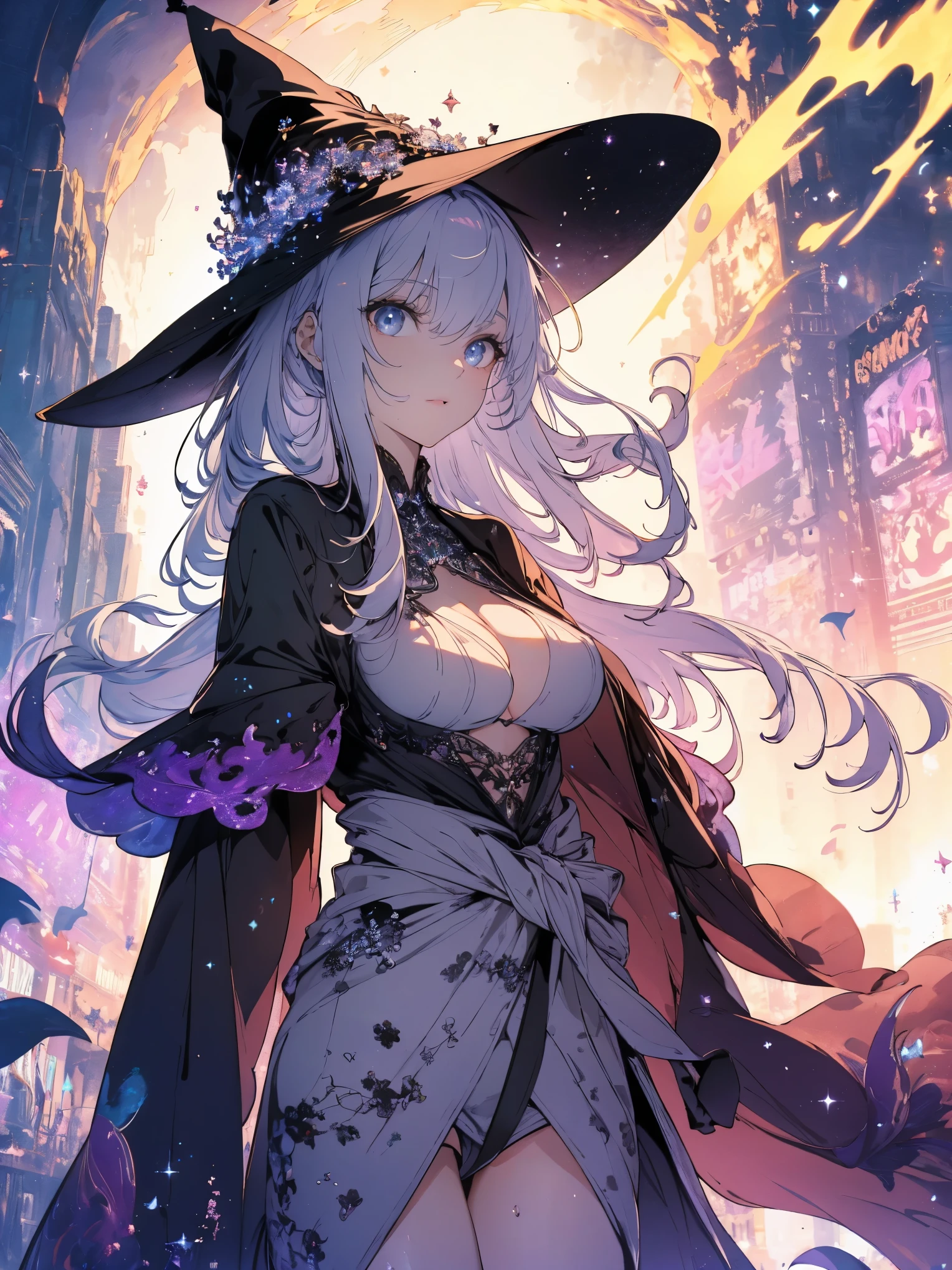 (Landscape photo, with a woman in the bottom right of photo:1.5, sparkle neon city:1.5, downtown), Masterpiece, best quality, (very detailed CG unity 8k wallpaper), (best quality), High definition RAW color art, Animation,sculptures, Silver Marble Skin, (((Ultra detailed elegant))), Magical atmosphere, Detailed skin, Texture,(Intricately detailed, Fine detail, ultra-detail art), depth of fields, Bokeh, Silky Touch, Hyper Detail, beautiful eyes, elegant face, (from waist), sparkle background, view from below:1.3, enormous breast:1.3, sweat, water, in marine, babble, neon sky, babble, silver hair, pastel purple, The wind is blowing, overall, hands in pocket, looking back, casual clothing, witchcraft clothing, witchcraft hat, flame