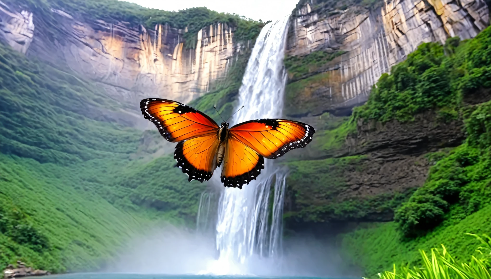butterfly flapping it wing. beautiful waterfall. huge mountains. wonderful nature. big butterflys