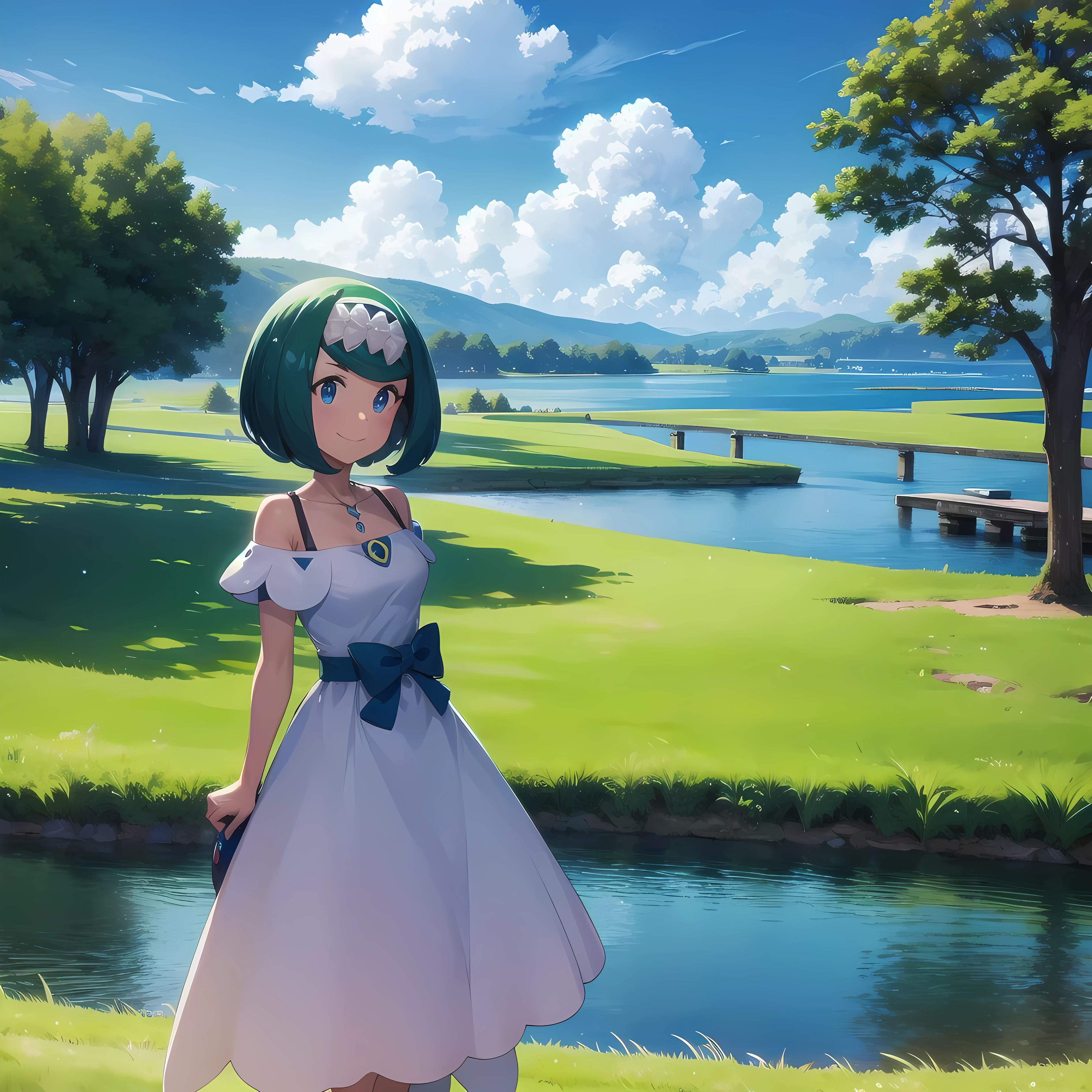 masterpiece, best quality, detailed, pov, 1girl, lanamom, pokemon, smug, standing, grassy field, lake background, countryside distant background,