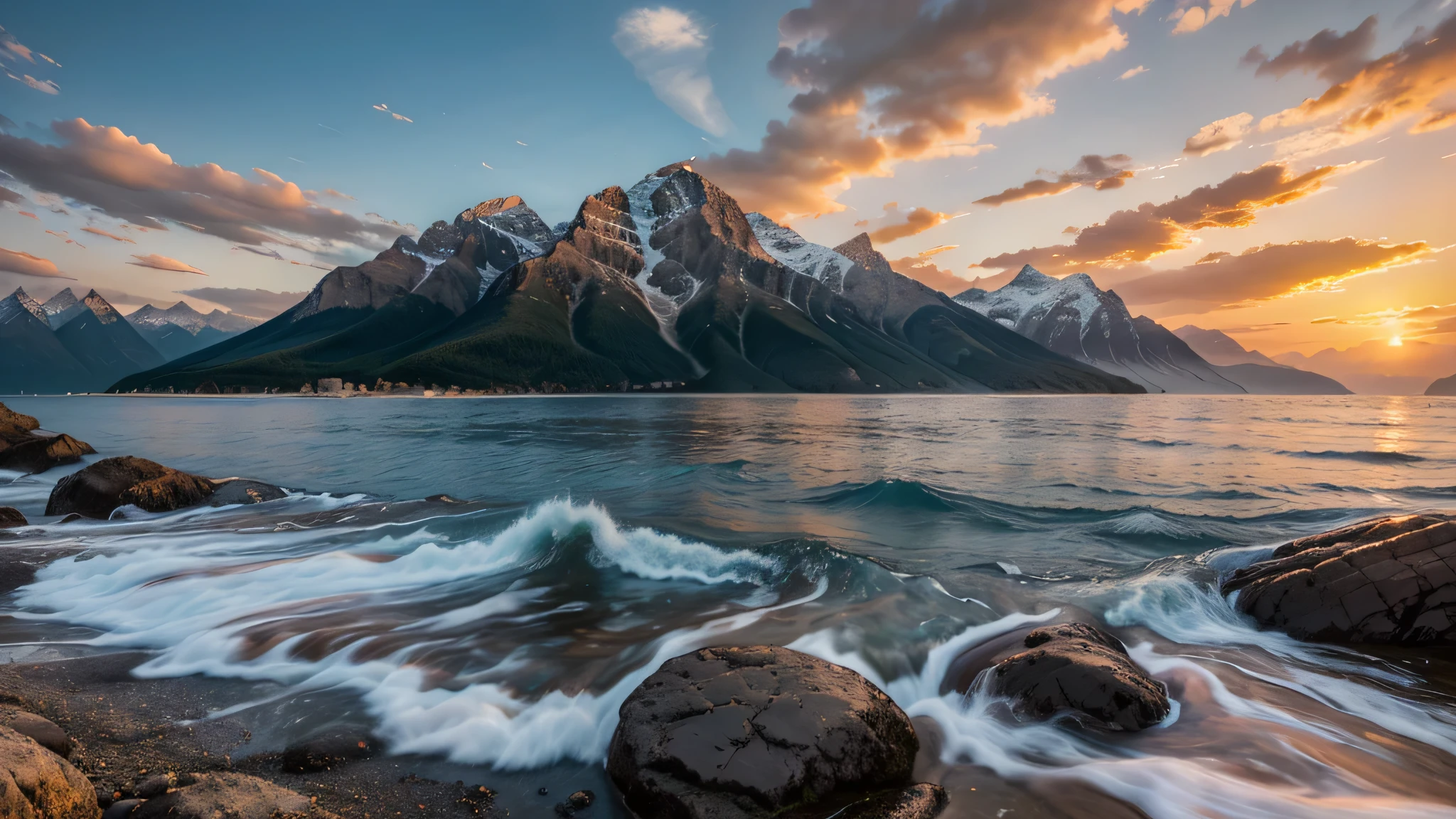 Sea landscape with mountains around a large sunset starting to set with maximum quality in the highest quality and richness of detail