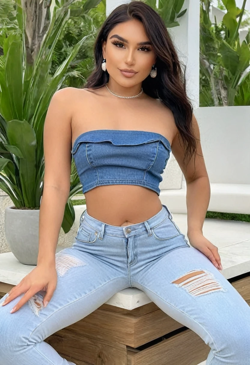 ((high quality:1.2)), Work of art, (8k), extremely detailed, ((High detail:1.2)) ((best resolution)), (Hotlexi woman), Solo, 24 year old white latin female, ((cropped strapless, jeans pants)),