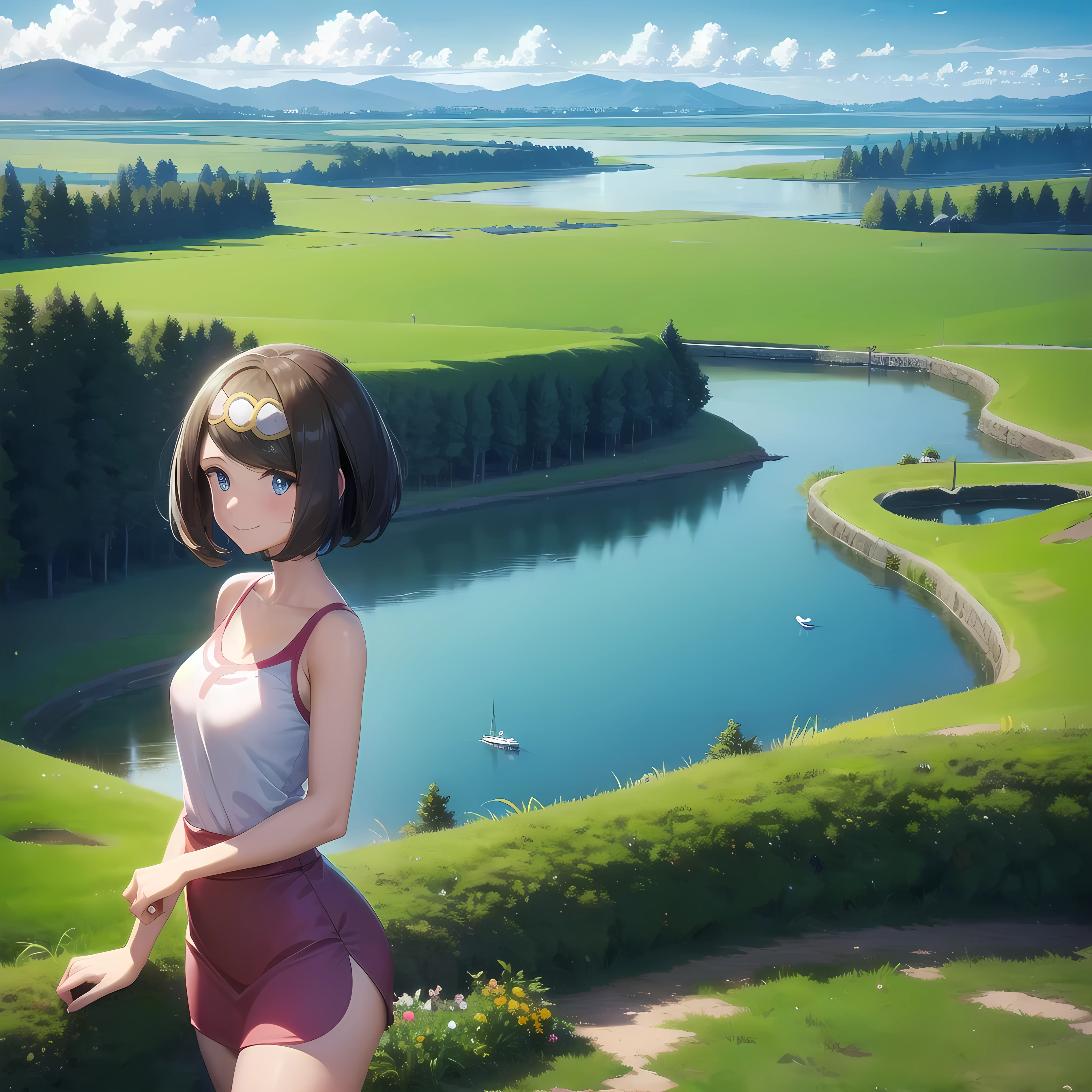 masterpiece, best quality, detailed, pov, 1girl, lanamom, pokemon, smug, standing, grassy field, lake background, countryside distant background,