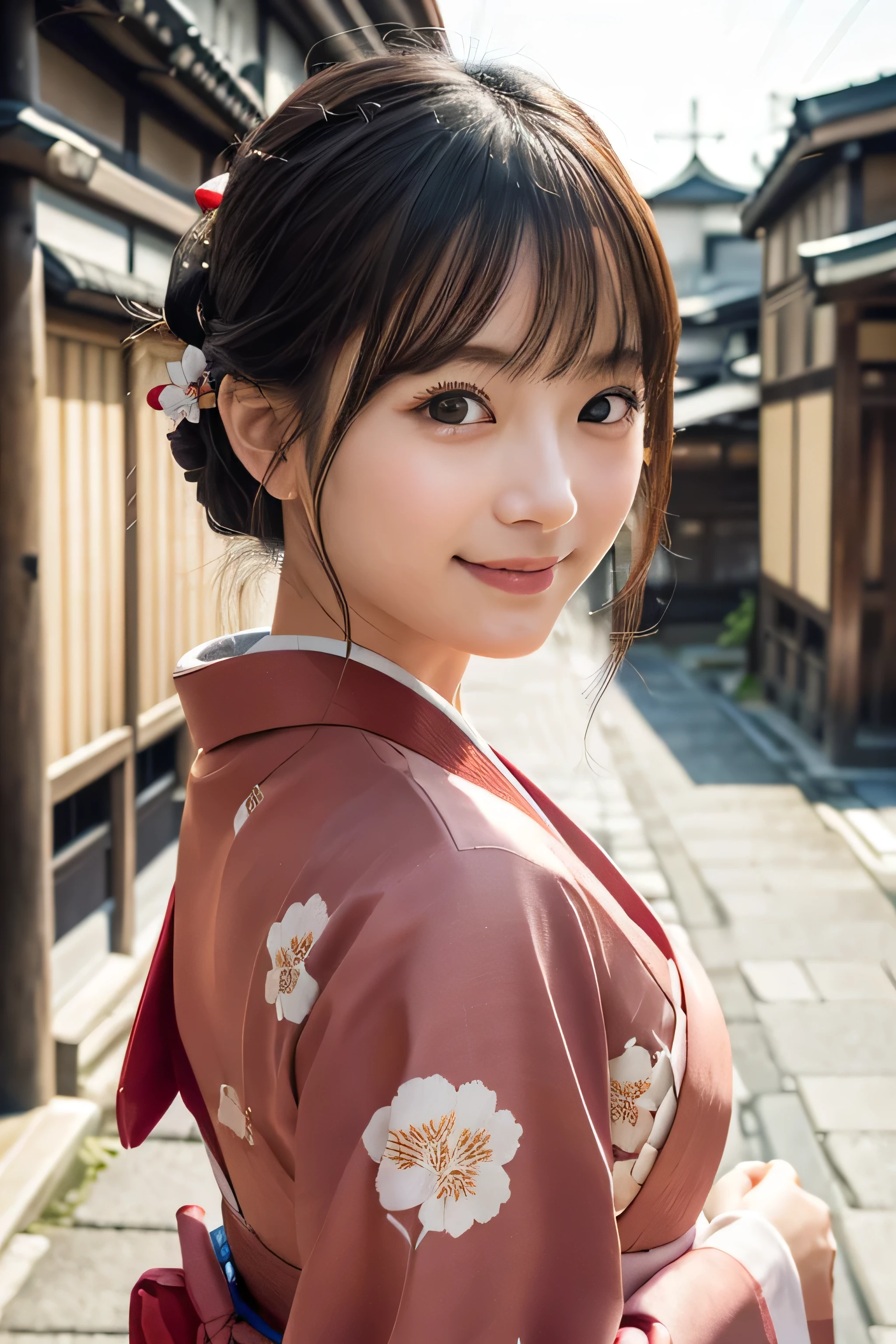 Professional Lighting,(Photorealistic:1.4), (Top image quality:1.0), (超A high resolution:1.0), 8k, Raw photography, (masterpiece:0.2), (Facing the children_v1:0.5)、(highest quality Detail:1.2)、Realistic、8K Ultra HD、High resolution、(1 girl:1.2)、Super detailed、High quality textures、Complex details、detailed、Very detailed CG、High quality shadows、detailed Beautiful and delicate face、Beautiful details and a delicate eye、(Symmetrical eyes:1.2),Written boundary depth、Ray Tracing,1 girl, Japanese Girls, (Natural smile:1.4),cute, thin, Portrait of a beautiful Japanese woman in a kimono, Standing elegantly on a street corner in Kyoto. Kimono with vibrant traditional patterns, Hair decorated with elegant and delicate hairpins, Gentle expression. (With the old streets of Kyoto in the background:1.4)、The soft light of a spring afternoon、Adding tranquility to the scene. Rendered in a Realistic style with great attention to detail, High resolution images.Sky Porn, Magic Hour, (Realistic:1.3), finely, quality, (Tabletop:1.2), (Realistic:1.2), (highest quality), (Complex details), dramatic, Ray Tracing, photograph, +roller