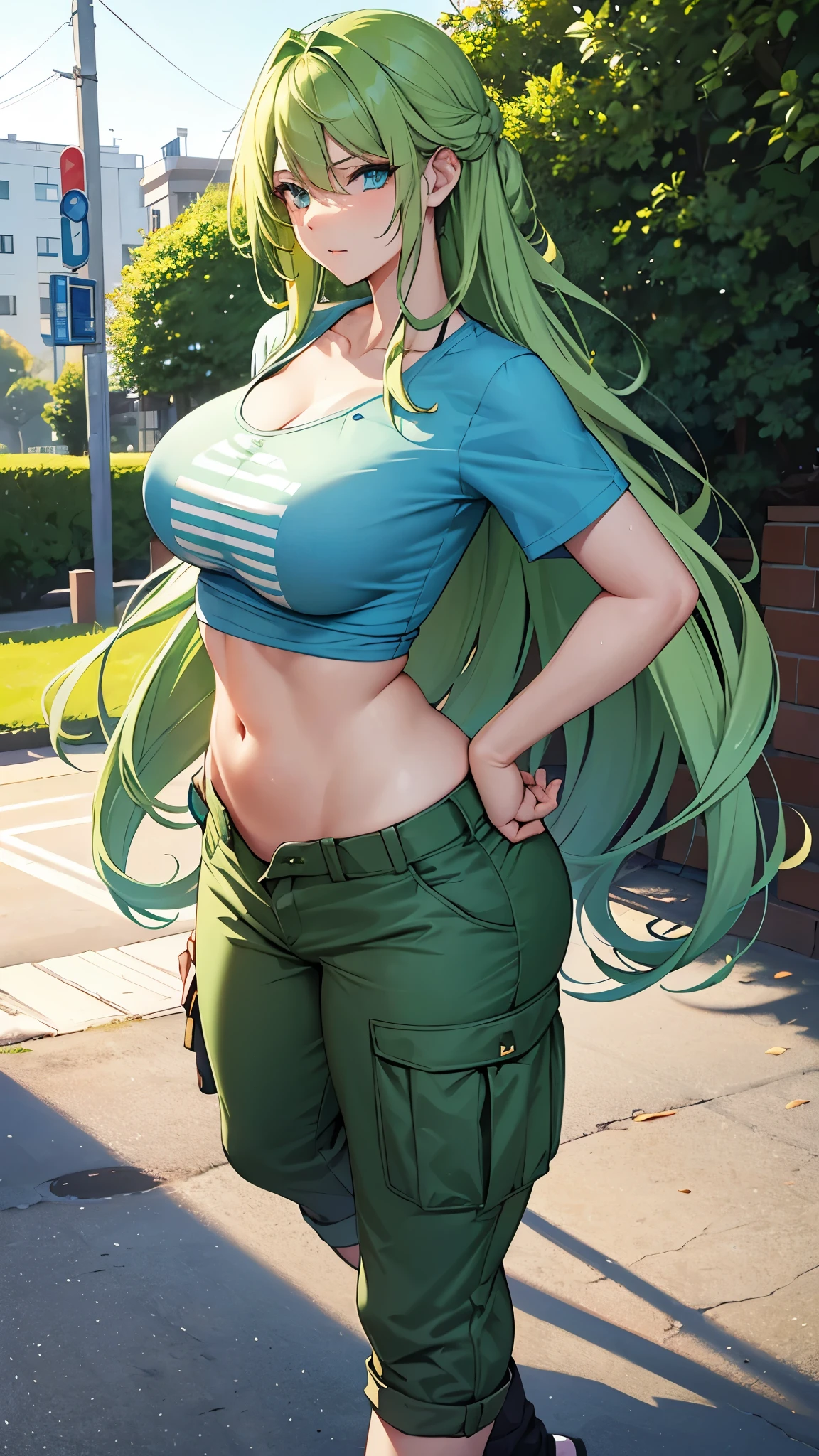 Tall stature, long, wavy green hair.  Bright and expressive light blue eyes. She was wearing cargo pants, a printed t-shirt and a waterproof jacket, big ass, big hip. Busty