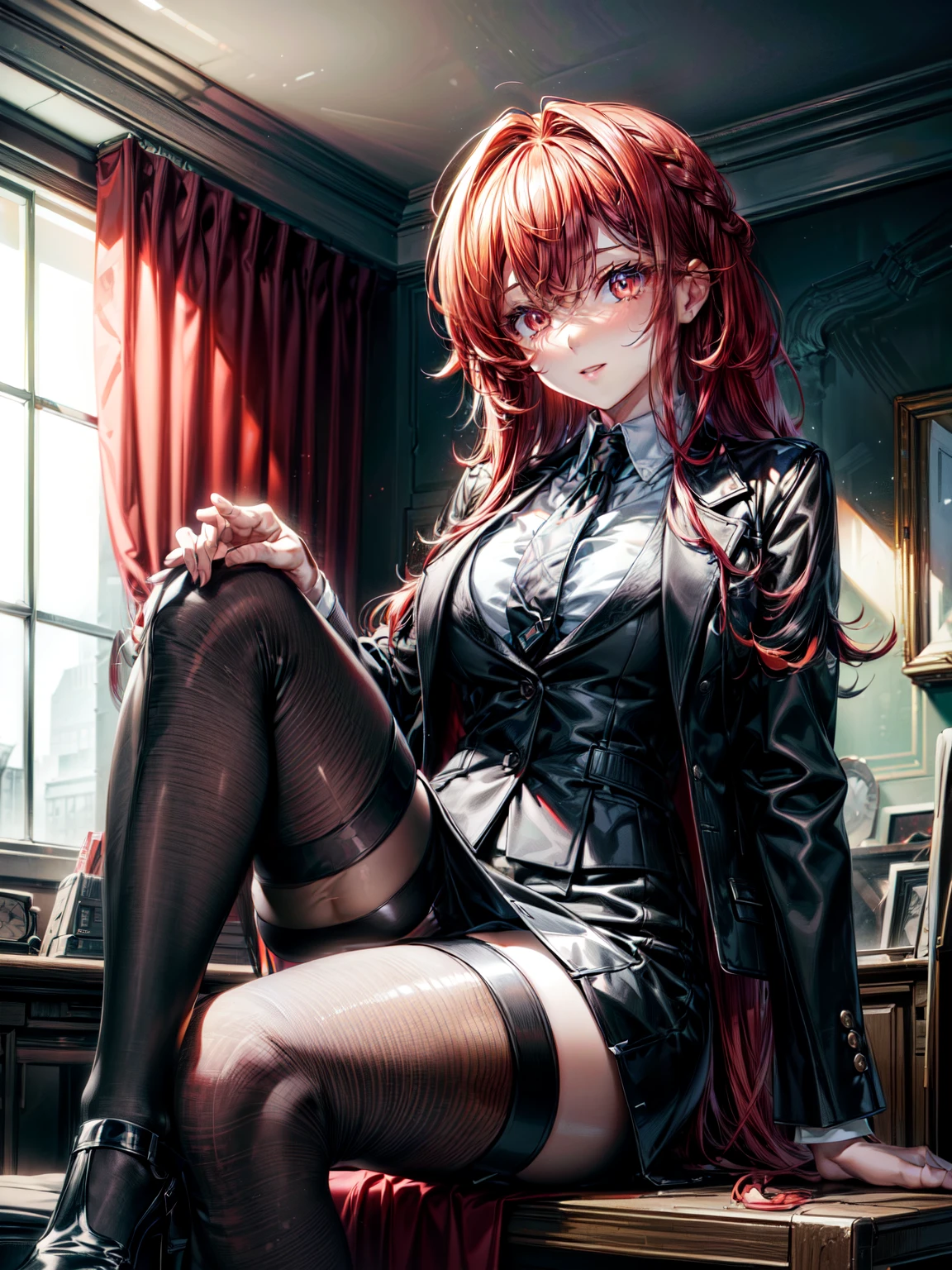 canary, when he plows, (red eyes:1.5), redhead, long hair,short braided hair,
black suit jacket, collared jacket, white dress shirt, collared shirt, neckline, button, strap, ID card on neck, black pencil skirt, black pantyhose,stiletto heels smile, blush, looking at the viewer, Charm, Mechanical,There is a computer on the table,sitting cross-legged on a chair, interior,touch typing ,
break looking at viewer,
break indoors, office,
break (masterpiece:1.2), highest quality, High resolution, unity 8k wallpaper, (figure:0.8), (detailed and beautiful eyes:1.6), highly detailed face, perfect lighting, Very detailed CG, (perfect hands, perfect anatomy),