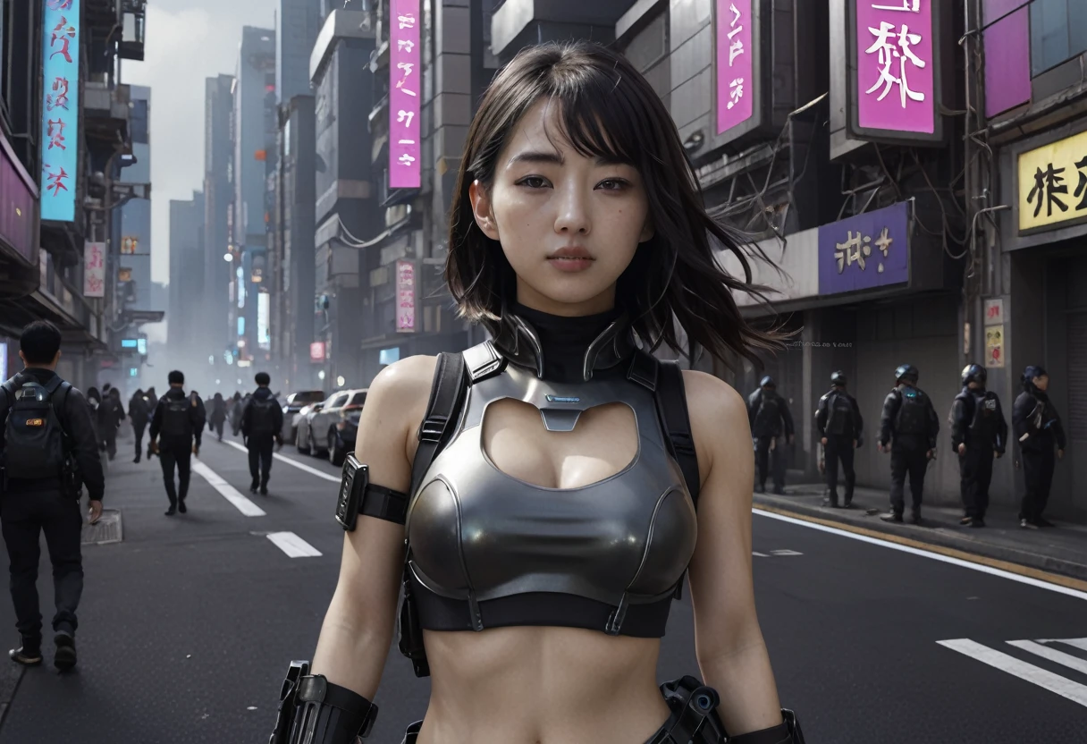 Detailed Cyberpunk Sci-Fi Characters、Beautiful young woman、Holding a rifle、超Real、Highly detailed face and body、Ample breasts、Perfect proportions、Muscular、6 Pack Abs、Wear a high leg latex bodysuit、night間迷彩柄、Tactical equipment、Bulletproof vest、Utility Belt、holster、Futuristic pistol、Complex Armor、Cybernetic Enhancements、Cinematicポーズ、Cyberpunk City、terrorist attack、explosion、night、Detailed futuristic cityscape、Neon Light、skyscraper、Dark atmosphere、Volumetric Fog、Cinematic照明、Dystopian city environment、Advanced Technology、Android、hacker、Illuminated display、Holographic Display、Flying Car、industrial machinery、Damaged buildings、rubble、chaos、panic、Highly detailed skin texture、Intricate details、Cinematic照明、Dramatic Shadows、Glowing Skin、Photorealistic、(highest quality、4k、8k、High resolution、masterpiece:1.2)、Super detailed、(Real、Photorealistic、Photorealistic:1.37)、Highly detailed eyes and face、Long eyelashes、Cinematic、Dramatic lighting、Chiaroscuro、Bright colors、One girl