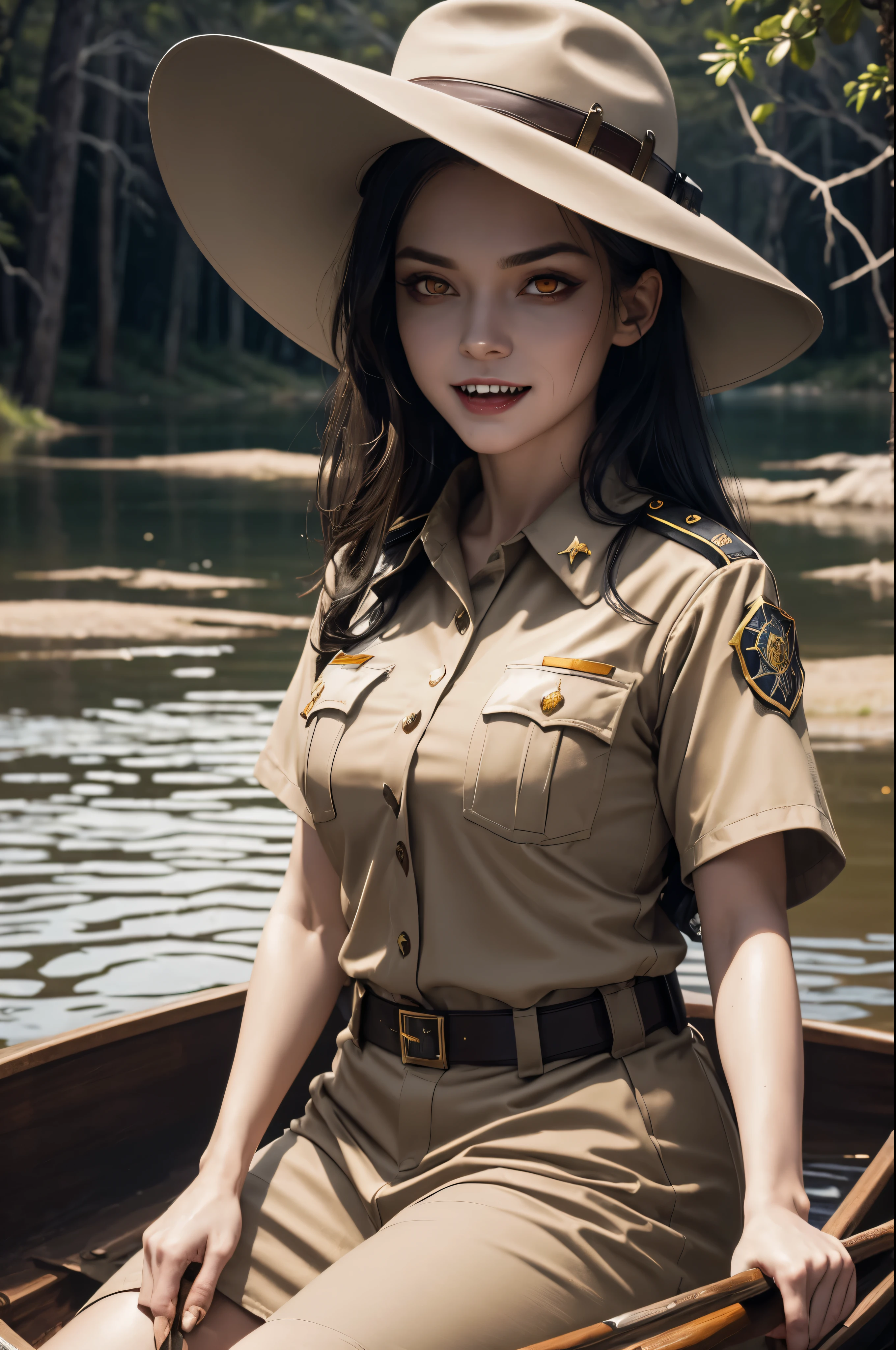 (((night))) ((moonlight)) ((a deserted lake)) Vampire woman, (((red eyes and fangs))), pale skin, (((park ranger uniform, park ranger hat, beige National Park uniform, short sleeves)))), (open mouth, blood on mouth), (evil grin), looking at viewer, sitting in a canoe, sopping wet, style of a painted book illustration, dramatic lighting, (depth of field), ((masterpiece)), ((best quality)), ((highly detailed)), horror theme
