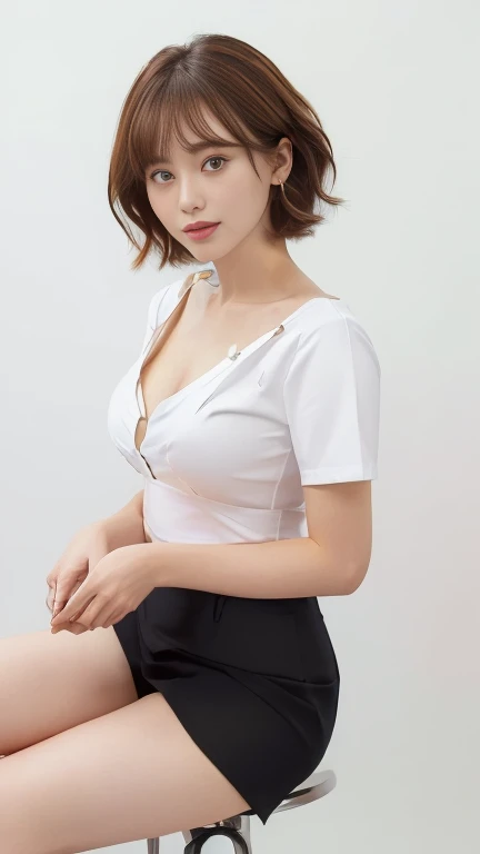 (masterpiece:1.3), (8k, Photorealistic, RAW Photos, Best image quality: 1.4), Japanese, (1 girl), Beautiful Face, (A vivid face), (short hair:1.3), Beautiful Hairstyles, Realistic eyes, Beautiful Eyes, (Realistic Skin), Beautiful Skin, charm,Big Breasts、office、(Shooting from a distance、Beautiful legs、whole body:1.7)、(Looking this way、Turning his body towards me、front、forward leaning posture、munechira:1.3)、(The bra is slightly visible、Brasilia:1.3)、(White shirtを着ている、Round neck shirt、A shirt with a slightly open chest、White short sleeve shirt、White shirt:1.8)、(Cleavage:1.2),smile、smile、Beautiful fingertips、(Japanese office lady,Beauty:1.5)、(Black spats、White shirt、Tight shirt、Clothing that emphasizes your body line),(The edges of the bra are slightly visible、Breast flash、Brasilia:1.3)