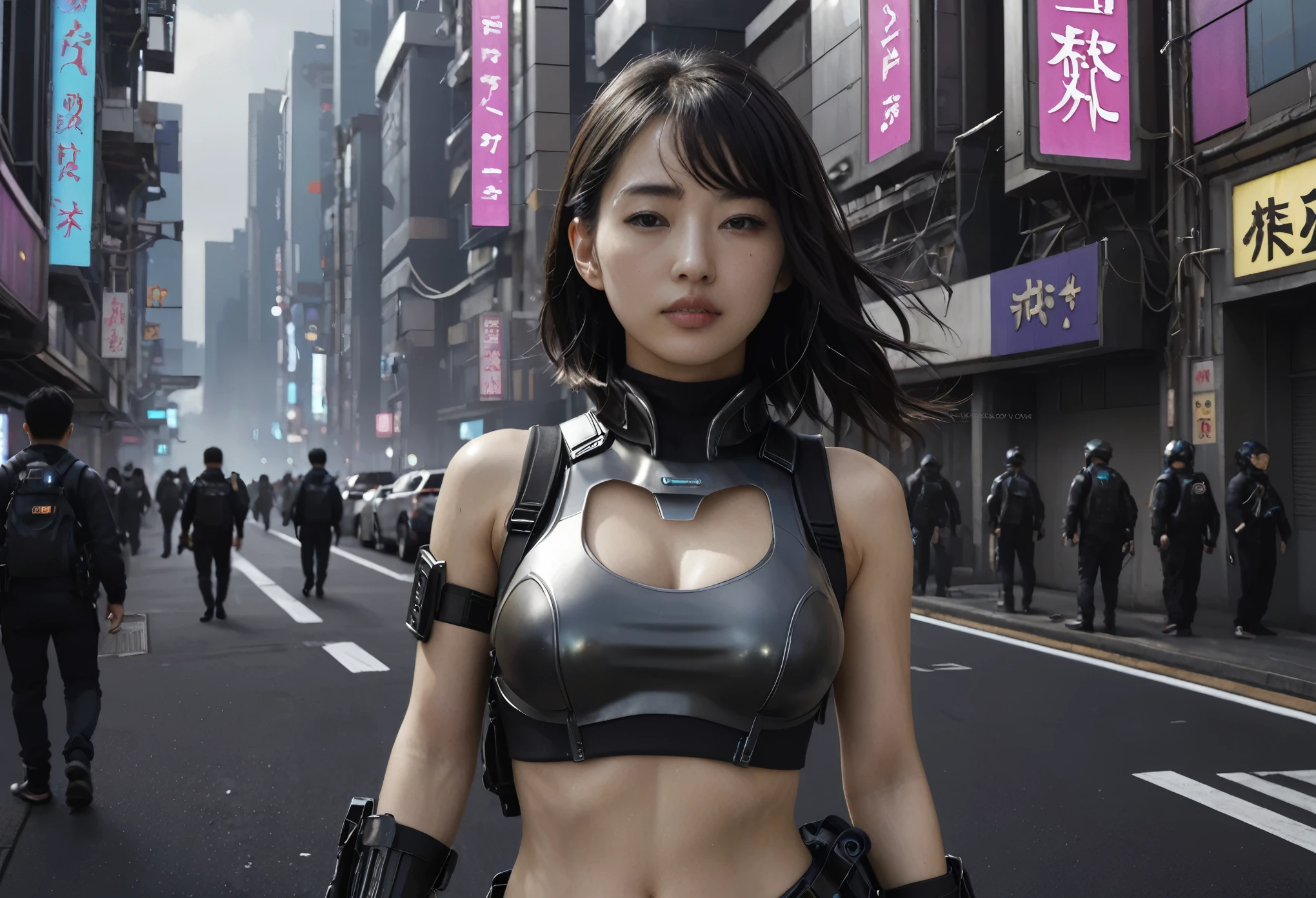 Detailed Cyberpunk Sci-Fi Characters、Beautiful young woman、Holding a rifle、超Real、Highly detailed face and body、Ample breasts、Perfect proportionuscular、6 Pack Abs、Wear a high leg latex bodysuit、night間迷彩柄、Tactical equipment、Bulletproof vest、Utility Belt、holster、Futuristic pistol、Complex Armor、Cybernetic Enhancements、Cinematicポーズ、Cyberpunk City、terrorist attack、explosion、night、Detailed futuristic cityscape、Neon Light、skyscraper、Dark atmosphere、Volumetric Fog、Cinematic照明、Dystopian city environment、Advanced Technology、Android、hacker、Illuminated display、Holographic Display、Flying Car、industrial machinery、Damaged buildings、rubble、chaos、panic、Highly detailed skin texture、Intricate details、Cinematic照明、Dramatic Shadows、Glowing Skin、Photorealistic、(highest quality、4k、8k、High resolution、masterpiece:1.2)、Super detailed、(Real、Photorealistic、Photorealistic:1.37)、Highly detailed eyes and face、Long eyelashes、Cinematic、Dramatic lighting、Chiaroscuro、Bright colors、One girl