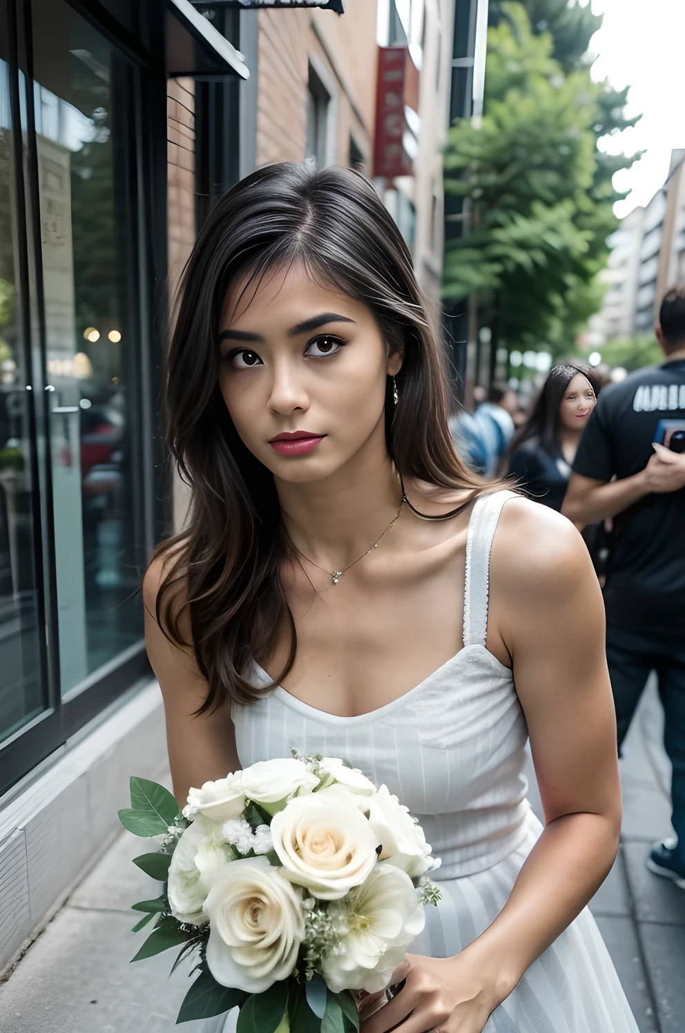 (Striped Hair), 8K, a woman bent over picking up a white bouquet on a sidewalk in shade, 1girl, solo, realistic, black hair