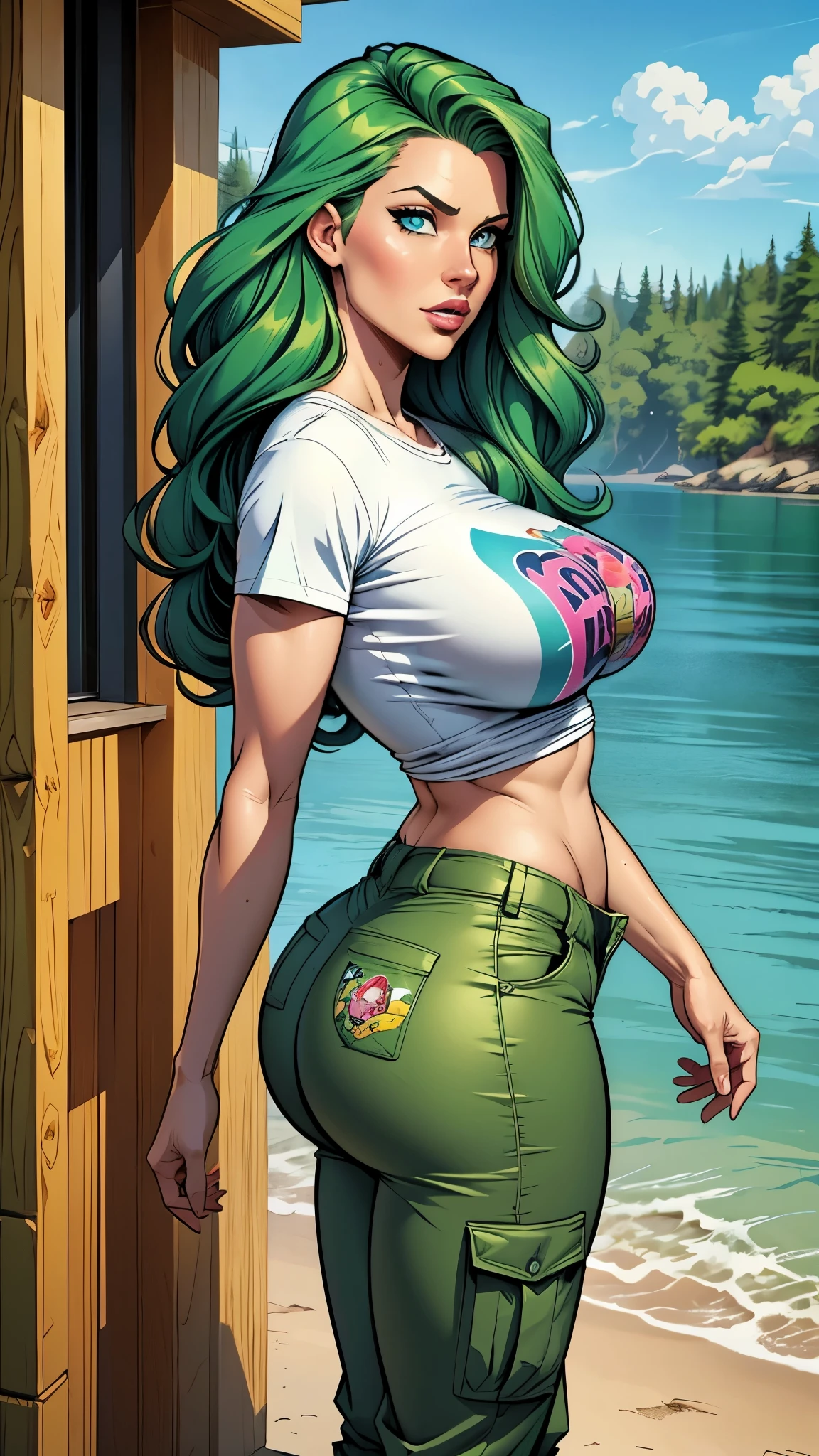 trans Male to female, plump pursed lips, freckles, long curly green hair with bangs, crystal blue eyes with smoky eye shadow and black eyeliner, black semi-matte lipstick, pale to sun-kissed skin, flirty smug smile, teal sundress, large futanari genital bulge