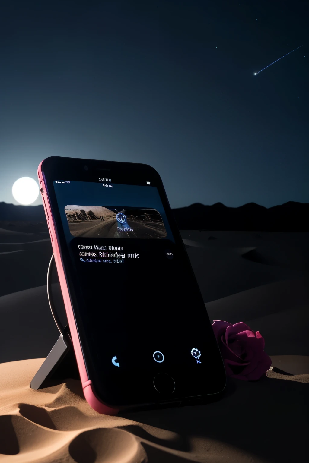 A photo in the desert, a dark night scene with dark blue lighting, showing a modern black headset on a charging base, next to it a modern phone displaying a music application on the screen.. In the background, the dark sky appears gradually blue with the moon and some faint night-blue lights on the horizon, with a pink rose on the sand.
