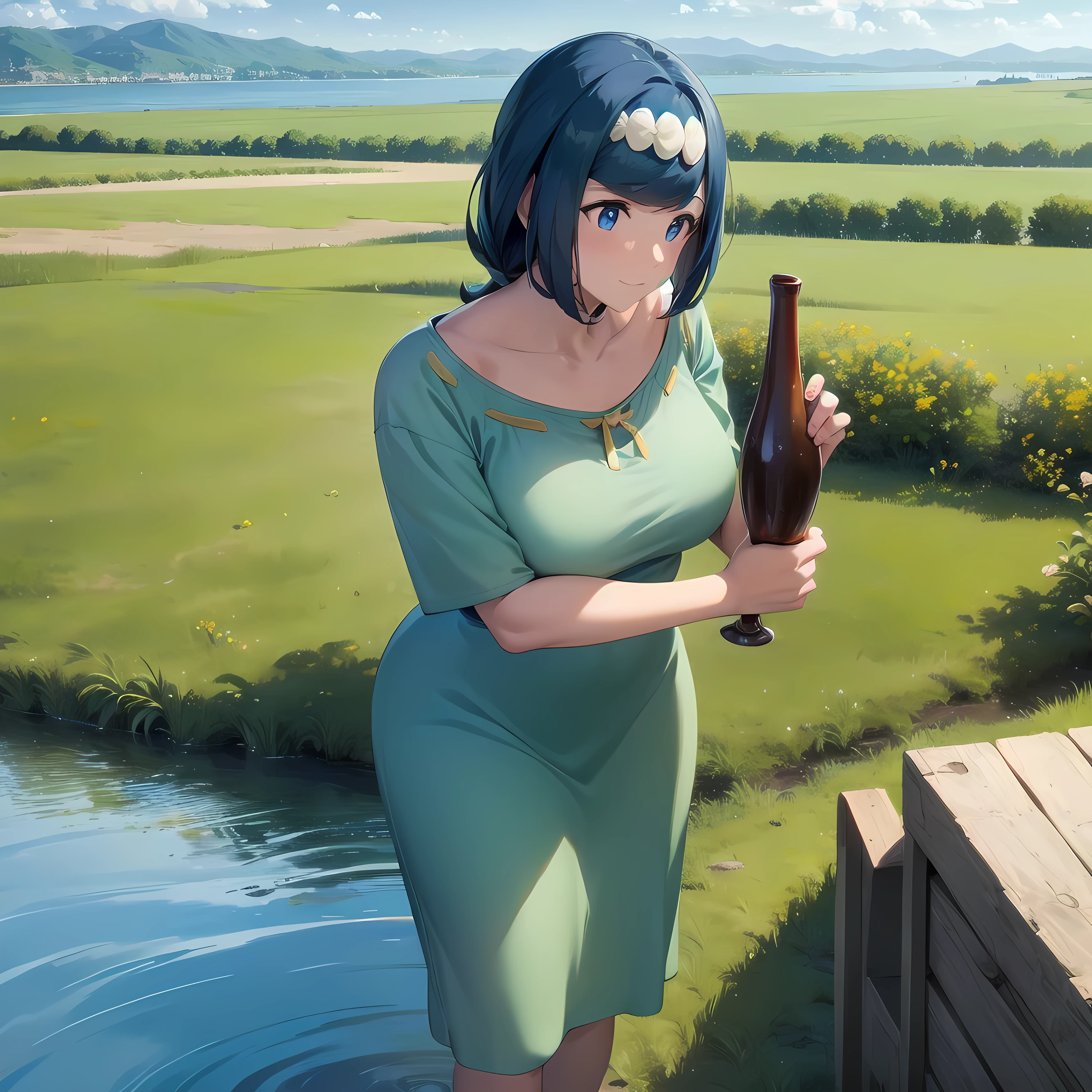 masterpiece, best quality, detailed, pov, 1girl, lanamother, smug, standing, grassy field, lake background, countryside distant background,