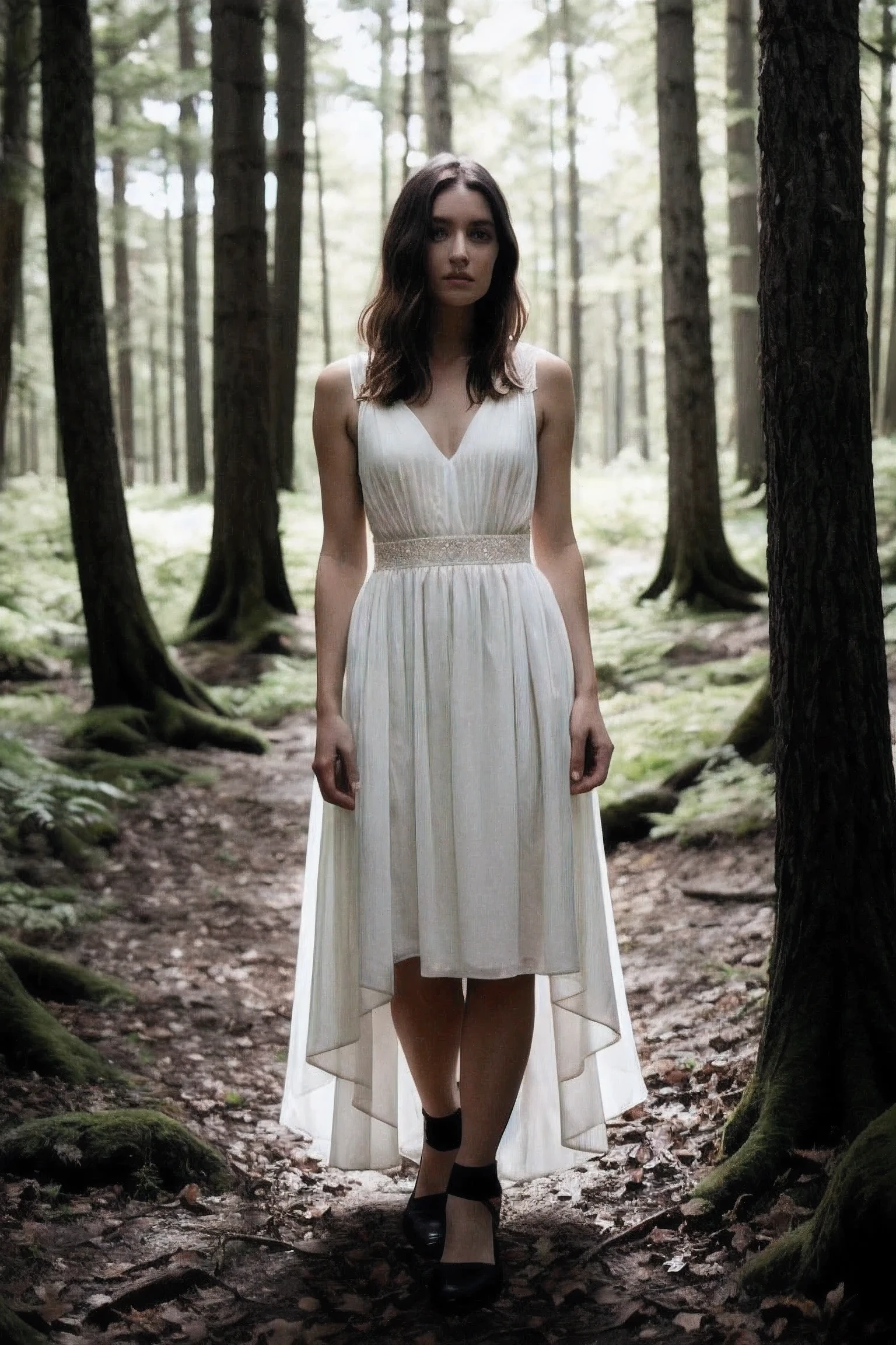 Beautiful Female dress , forest, shot on leica, shadowplay, gorgeous lighting, subtle hues,