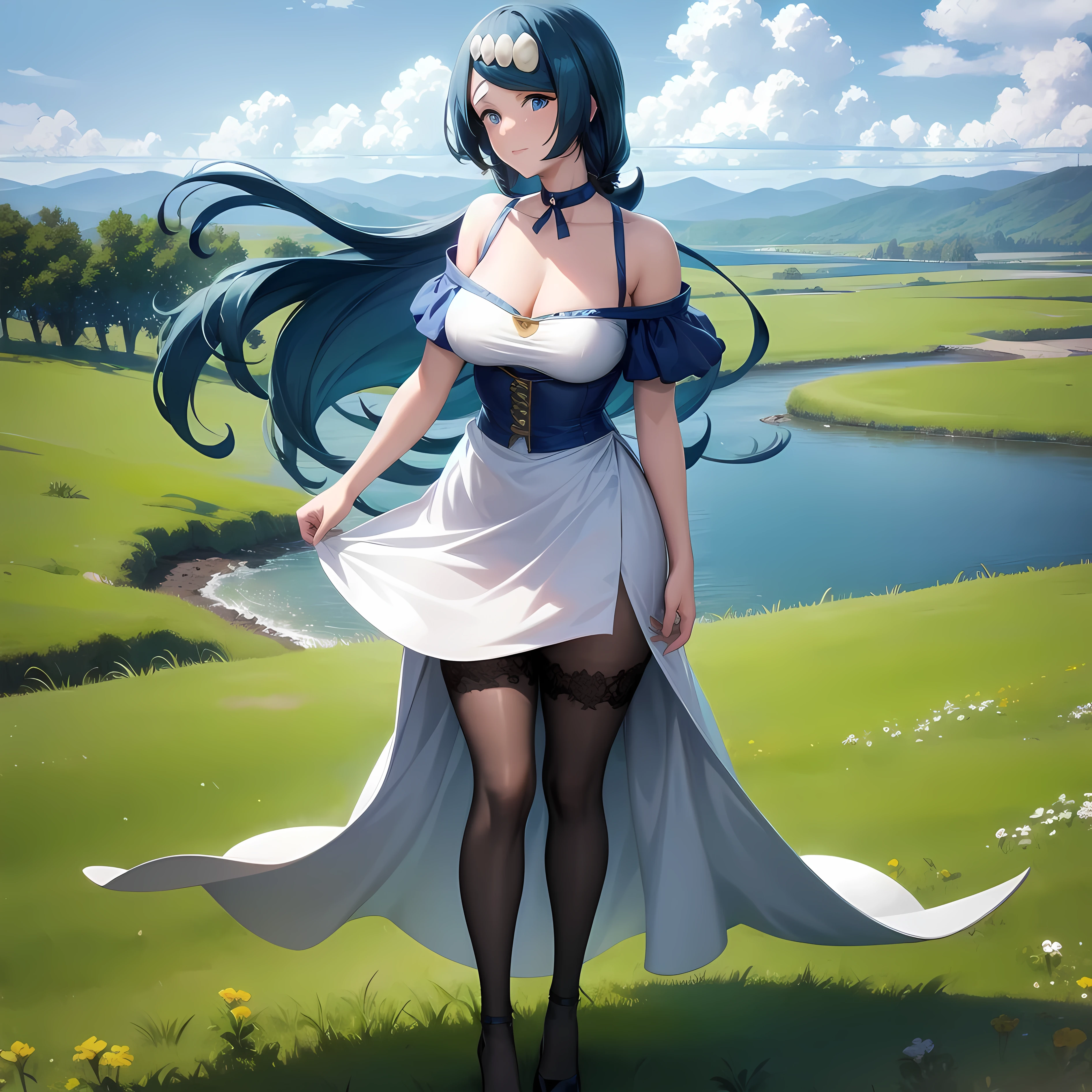 masterpiece, best quality, detailed, pov, 1girl, lana mommy, smug, standing, grassy field, lake background, countryside distant background,