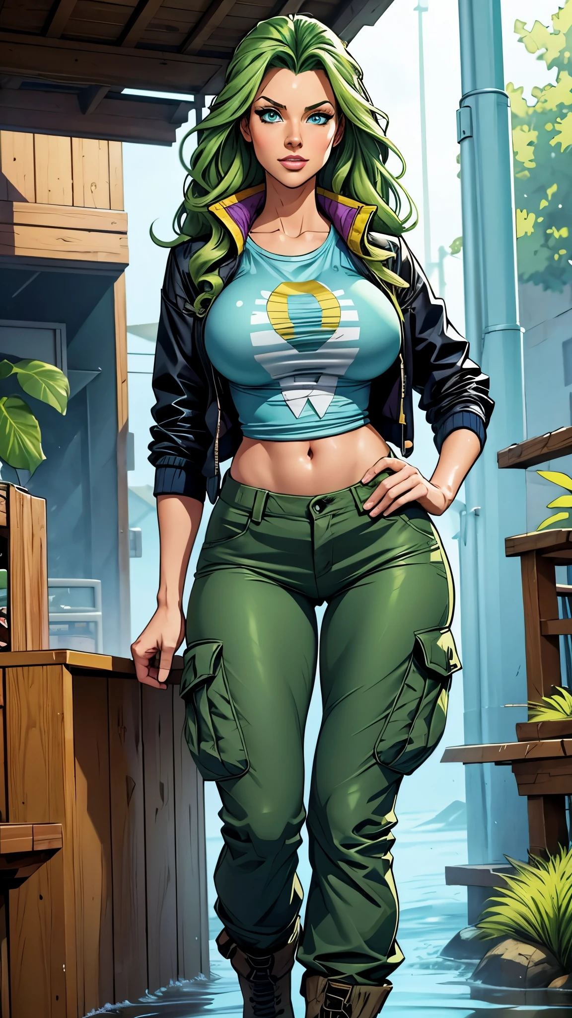 Tall stature, long, wavy green hair. Bright and expressive light blue eyes. She was wearing cargo pants, a printed t-shirt and a waterproof jacket, big ass, big hip. Busty. Comic style sitting