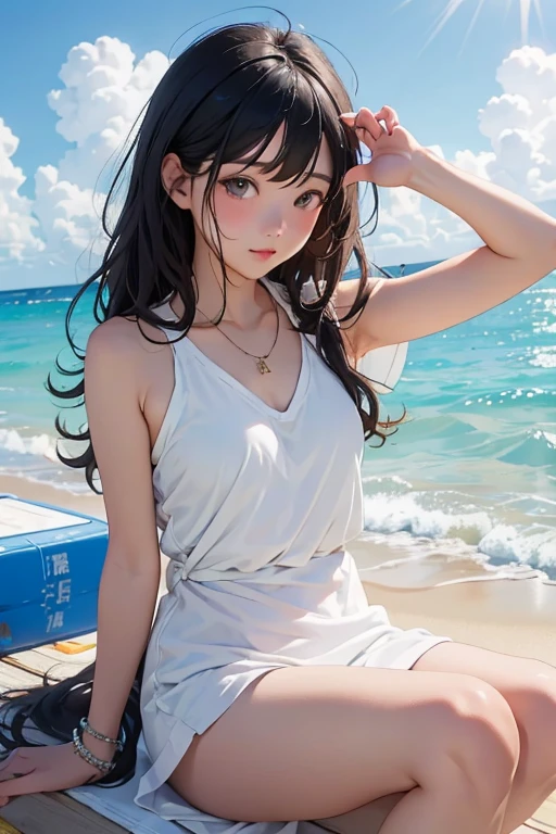 highest quality、masterpiece、High sensitivity、High resolution、One Woman、beach、Hit the watermelon with a wooden stick to split it、Cover your eyes with a white towel、