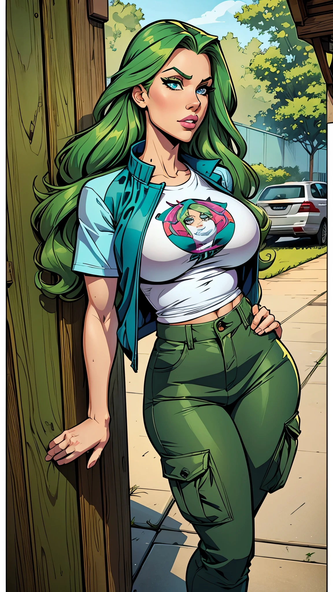 Tall stature, long, wavy green hair. Bright and expressive light blue eyes. She was wearing cargo pants, a printed t-shirt and a waterproof jacket, big ass, big hip. Busty. Comic style