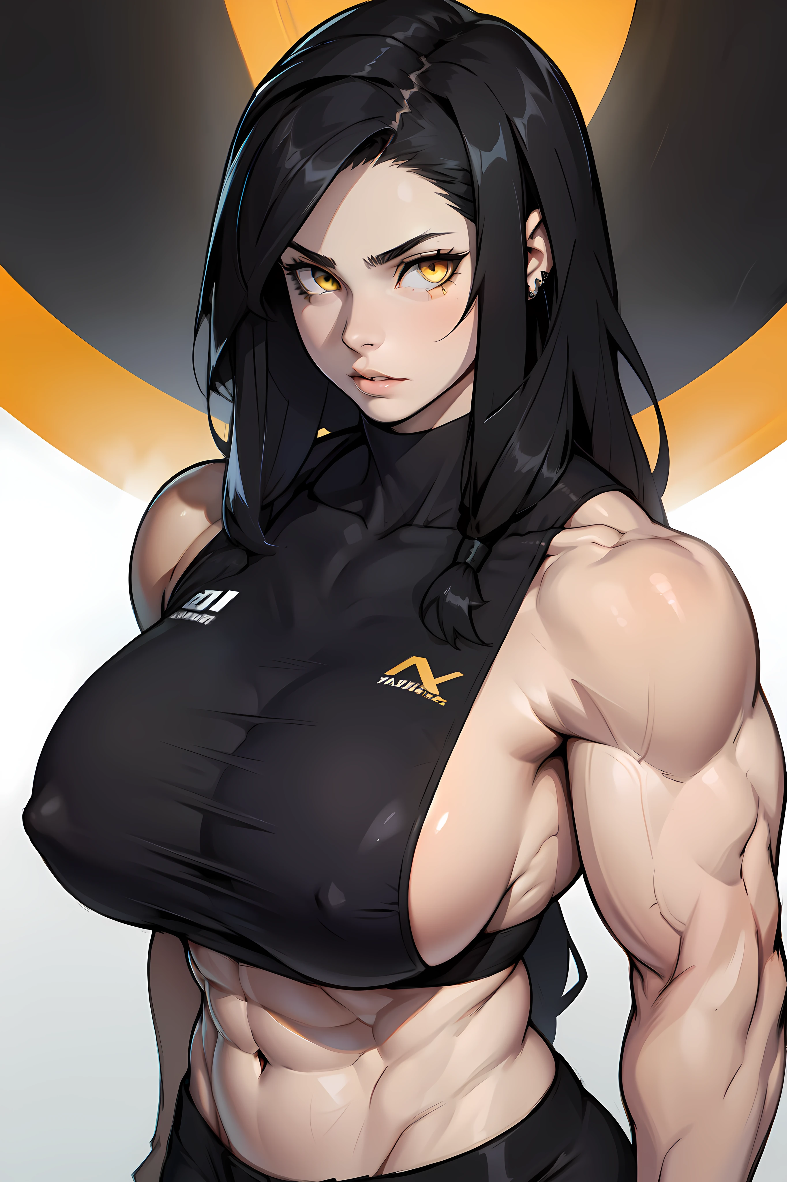 huge breasts pale skin very long hair black hair yellow eyes ((((((1 girl)))))) (((((muscular)))))