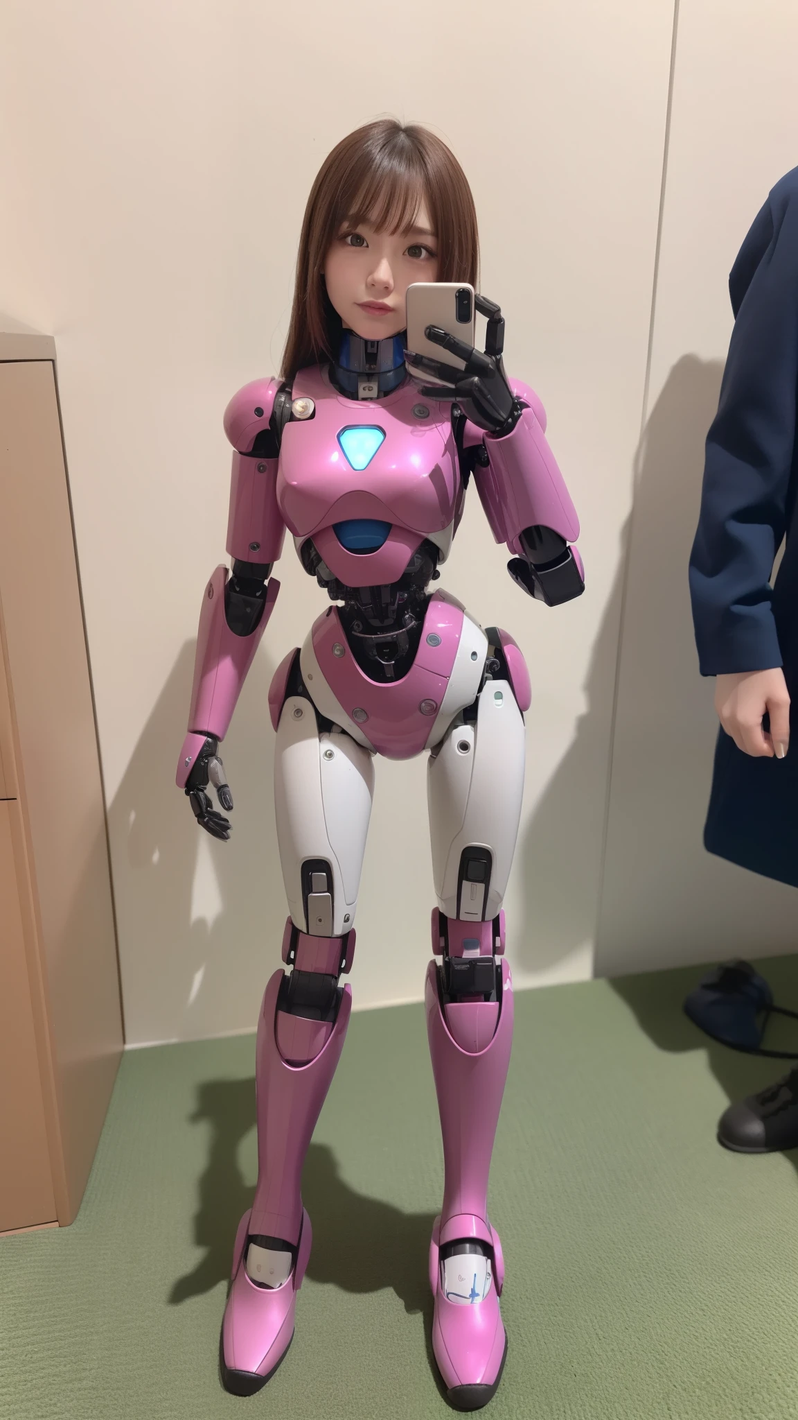(Photorealsitic:1.4)、one robot woman、(top-quality)、(hyperdetailed face)、(Super well-formed face)、(Robot Parts)、(Female-Robot)、(25 years-old)、(Blue)、(pink there)、(Burgundy)、(metallic)、(full-body)、(sexy pose)、(Slender body)、(Model body type)、(full body mech)、(Akihabara)、(is looking at the camera)、(A brown-haired)、(Well-proportioned body)、(a small face)、(a small head)、(well-groomed fingers)、(Idol)、(front facing)、(Standing with legs open)、(Photo session)、(Looks sad)、(perfect-female-robot)、(perfect-mechanical-body)